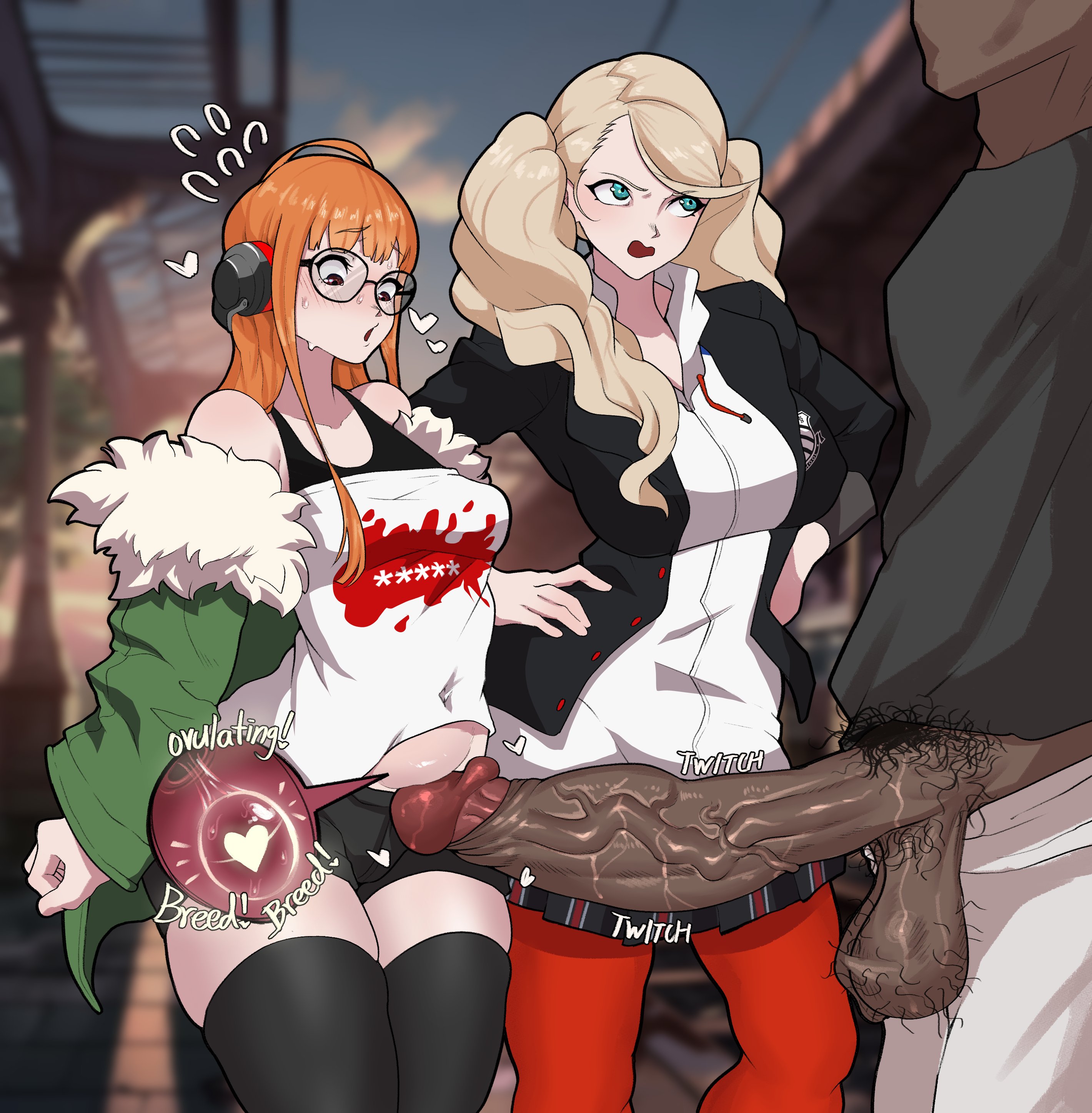 1boy, 2d, 2girls, ann takamaki, atlus, blonde hair, byme, clothed, clothed female, dark skin, dark-skinned male, erection, female, female focus, hung, imminent sex, interracial, large breasts, light skin, light-skinned female, looking at penis, male, male/female, medium breasts, orange hair, ovulation, ovum, ovum with heart, penis, penis awe, persona, persona 5, red legwear, sakura futaba, sega, straight, twintails, unrealistic penis size, unrealistic proportions, unseen face, unseen male face