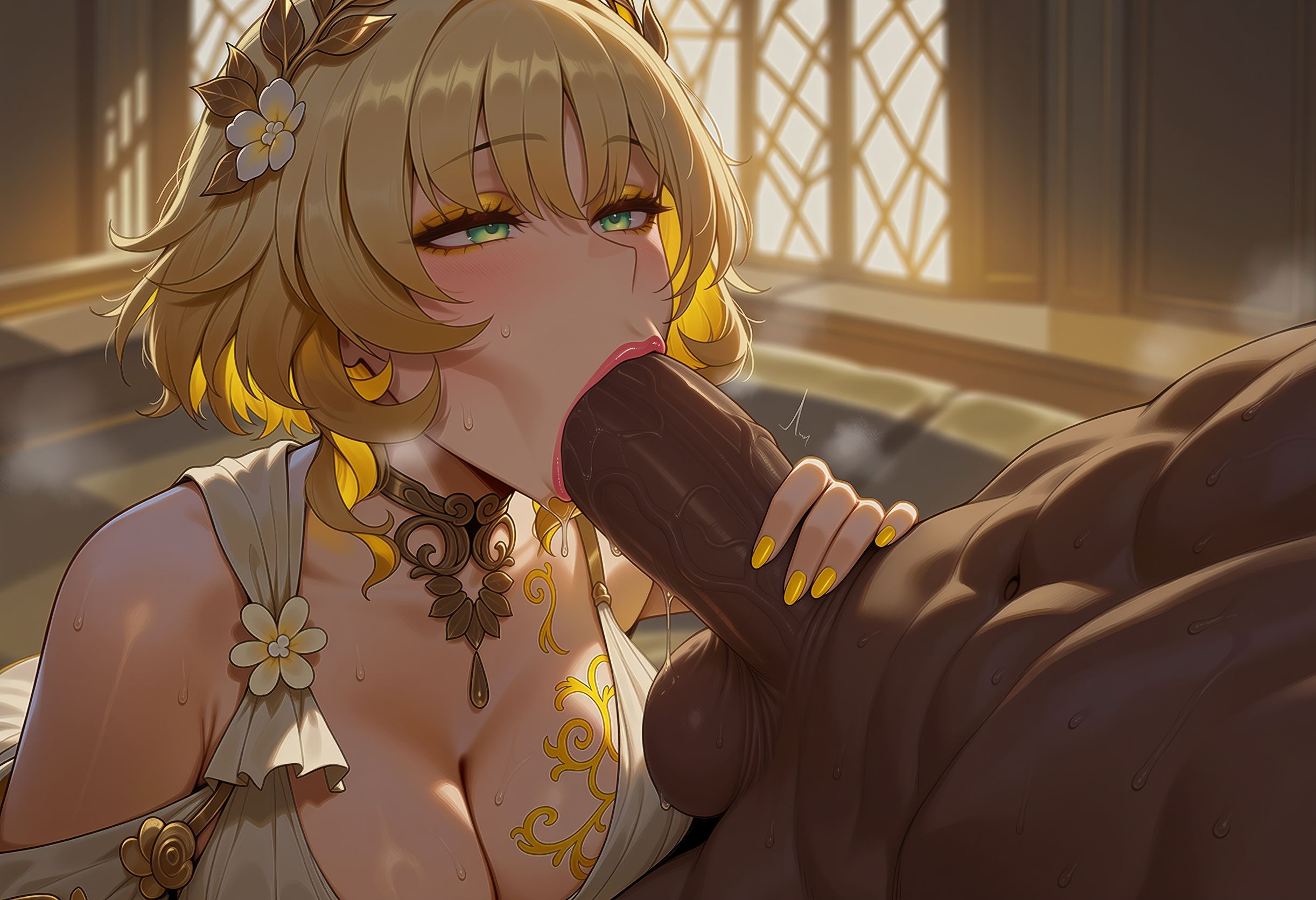:>=, 1boy, 1girl, aglaea (honkai: star rail), ai generated, blonde, blonde female, blonde hair, blush, breasts, chest tattoo, cleavage, clothed female nude male, dark skin, dark-skinned male, dress, duxvector, erection, fellatio, flower, green eyes, hair flower, hair ornament, hetero, honkai: star rail, indoors, interracial, large breasts, lips, lipstick, makeup, multicolored hair, oral, penis, short hair, solo focus, sweat, tattoo, testicles, uncensored, veins, veiny penis, yellow nails