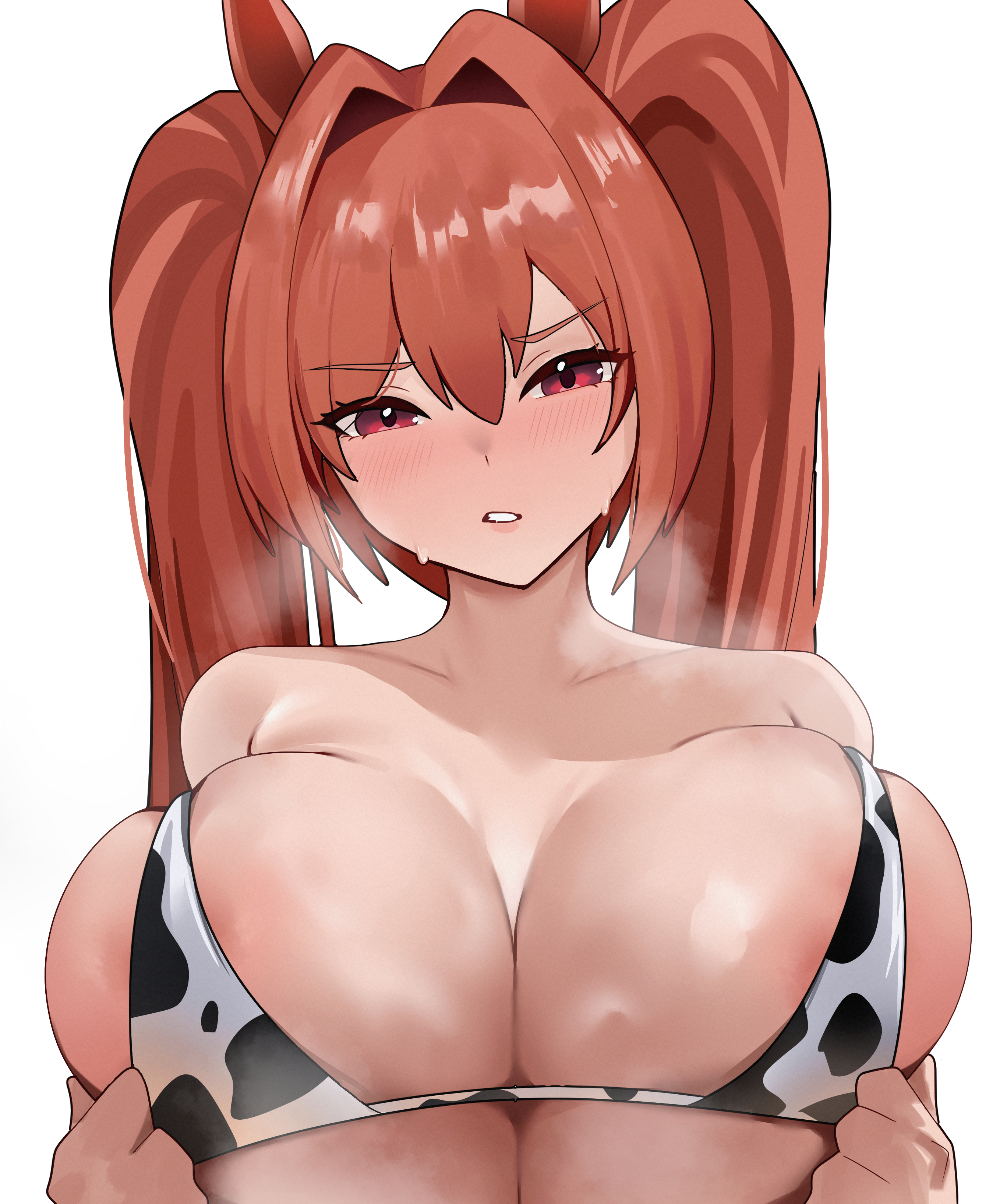 1girl, brown hair, cow print bikini, daiwa scarlet (umamusume), grabbing own breast, heavy breathing, horse ears, huge breasts, long hair, looking at viewer, red eyes, rumina runa, solo, twintails, umamusume, umamusume pretty derby, very long hair