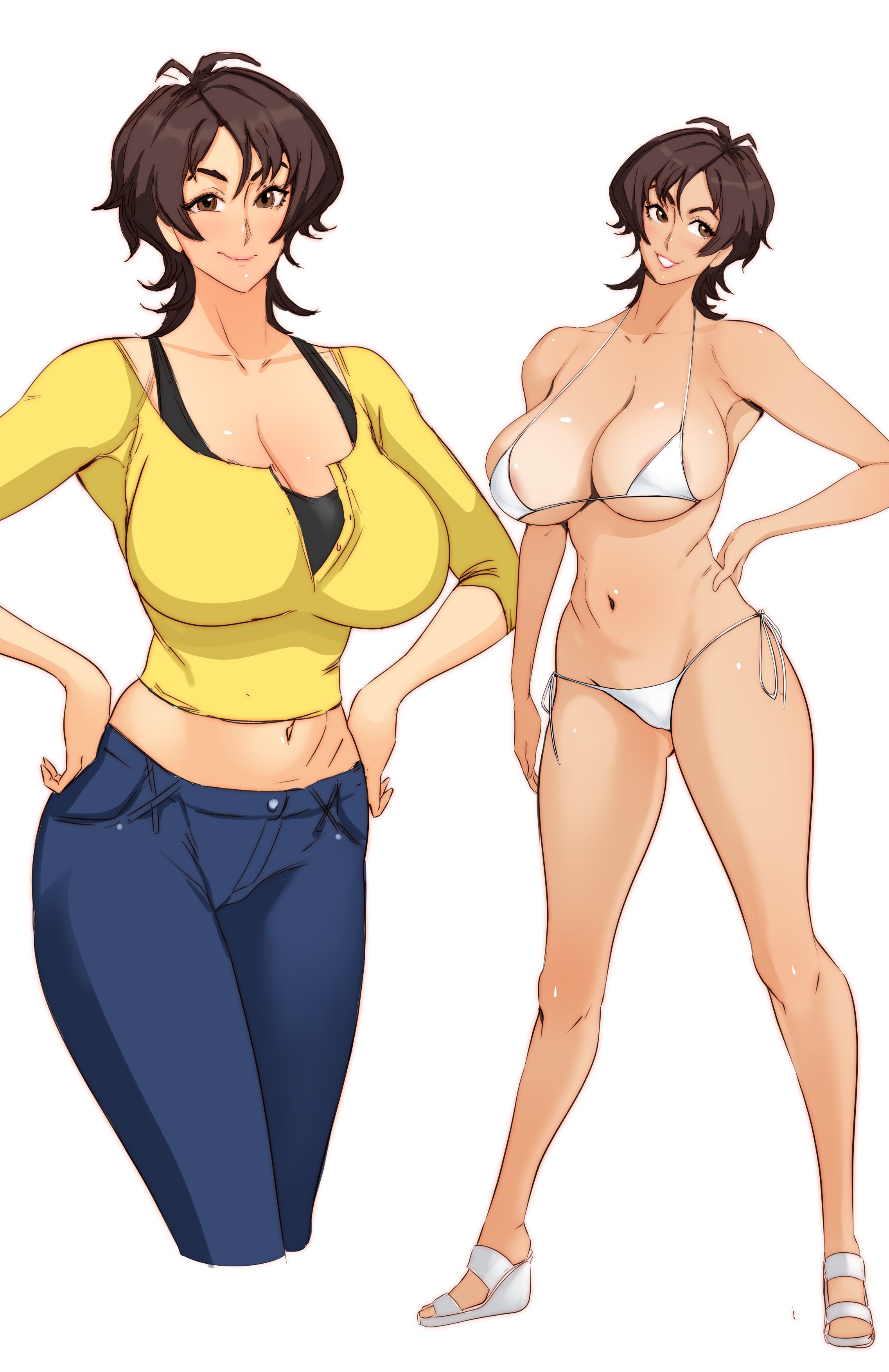 1girls, 2d, 2d (artwork), big breasts, bikini, black bra, breasts, brown eyes, brown hair, cleavage, female, female only, full body, hands on hips, high heels, hips, huge breasts, jeans, jnsdh, masane amaha, mature, mature female, mature woman, micro bikini, milf, mother, multiple views, pants, questionable, shirt, short hair, smile, solo, solo female, sports bra, swimwear, white background, white bikini, witchblade, yellow shirt