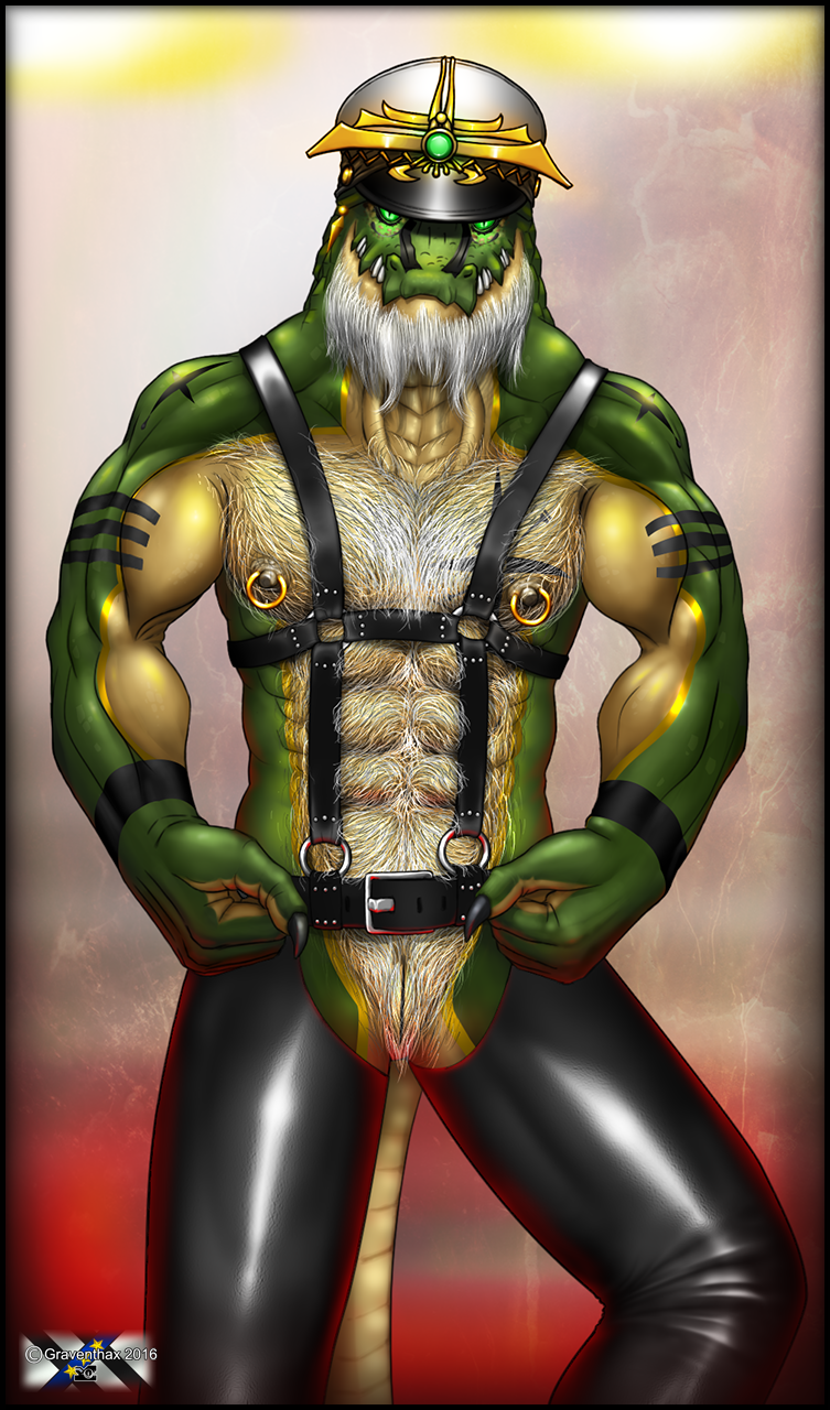 beard belt clothed clothing crocodile crocodilian facial_hair graventhax hairy harness hat headwear leather male male_only muscular nipple_piercing nipples old piercing reptile scalie tattoo