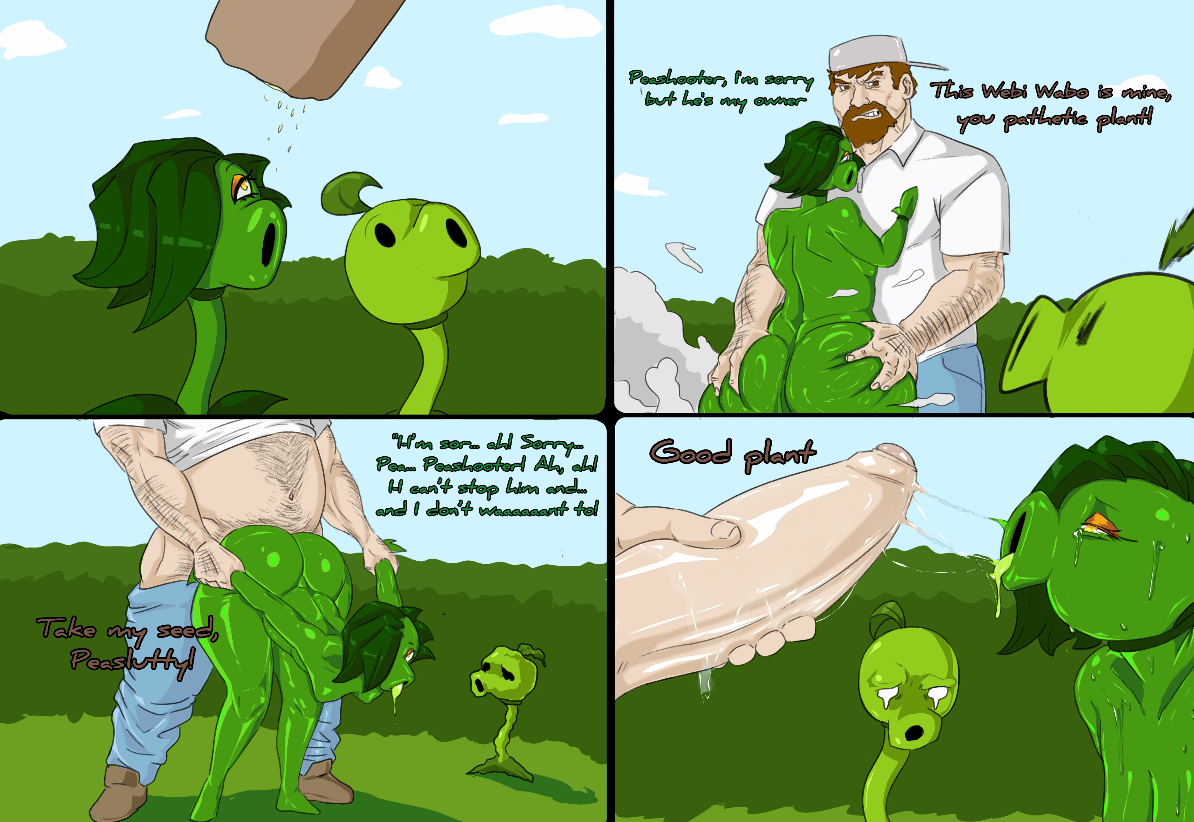 1boy, 1boy1girl, 1girl, 1girls, 4 panel comic, being watched, cheating, cheating girlfriend, comic, crazy dave (pvz), cuckold, english text, exhibitionism, huge ass, human, infidelity, netorare, ntr, peablaze (leafpaw), peashooter (pvz), plantie, plants vs zombies, public, public sex, sex, stop, tagme, text, watching, why