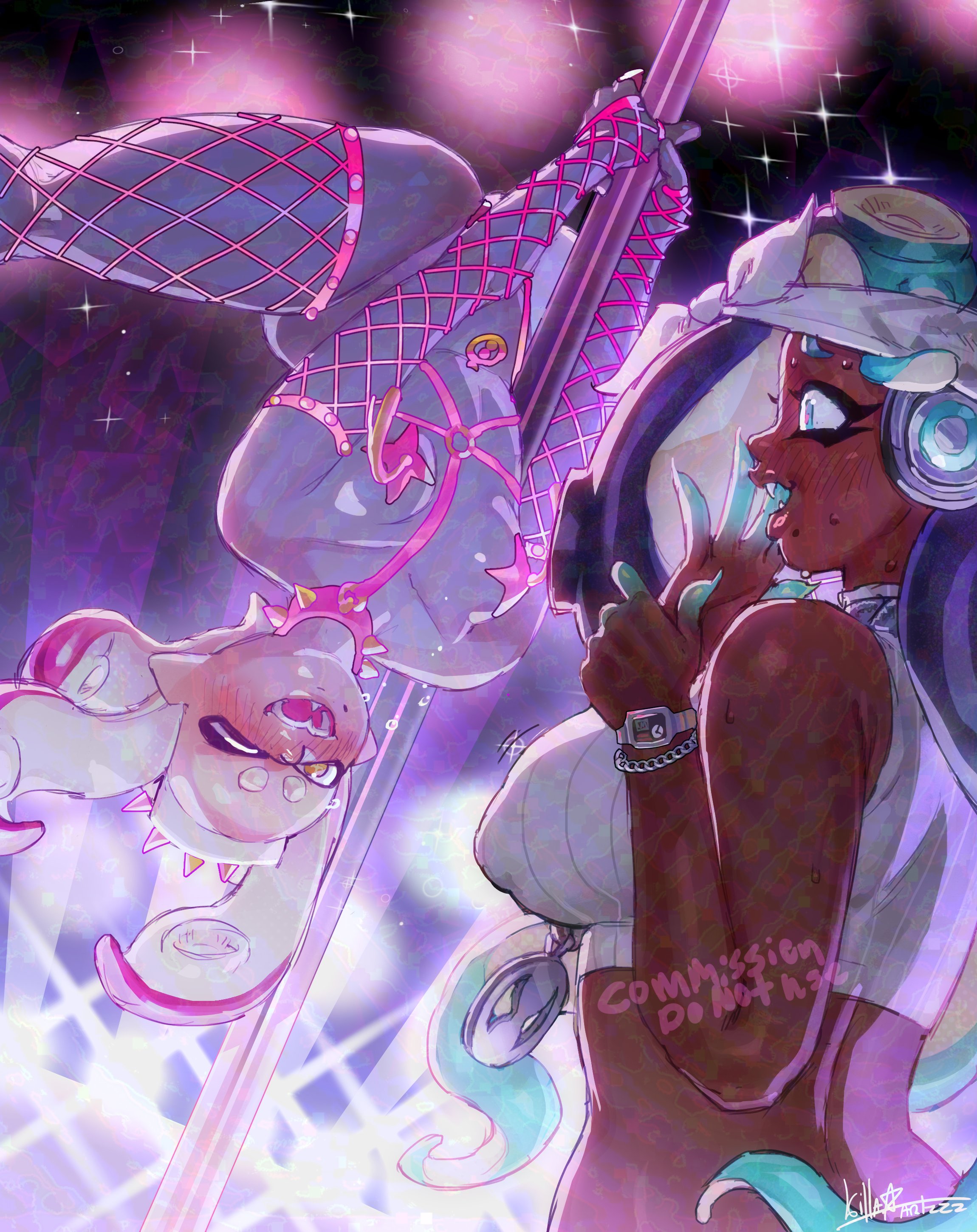 2girls, ass, big breasts, breasts, dark skin, dark-skinned female, female, fishnet legwear, fishnets, high heels, killartxxx, light skin, light-skinned female, marina (splatoon), multiple females, multiple girls, octoling, octoling girl, pasties, pearl (splatoon), pole, pole dancing, splatoon, splatoon (series), splatoon 2, thighhighs
