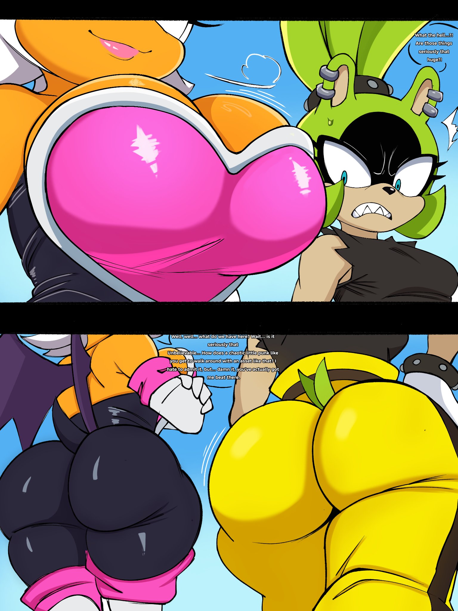 ass, ass focus, breast focus, breasts, fat ass, huge ass, rouge the bat, ryukman, sega, sonic (series), sonic the hedgehog (series), surge the tenrec, tagme, tawman art