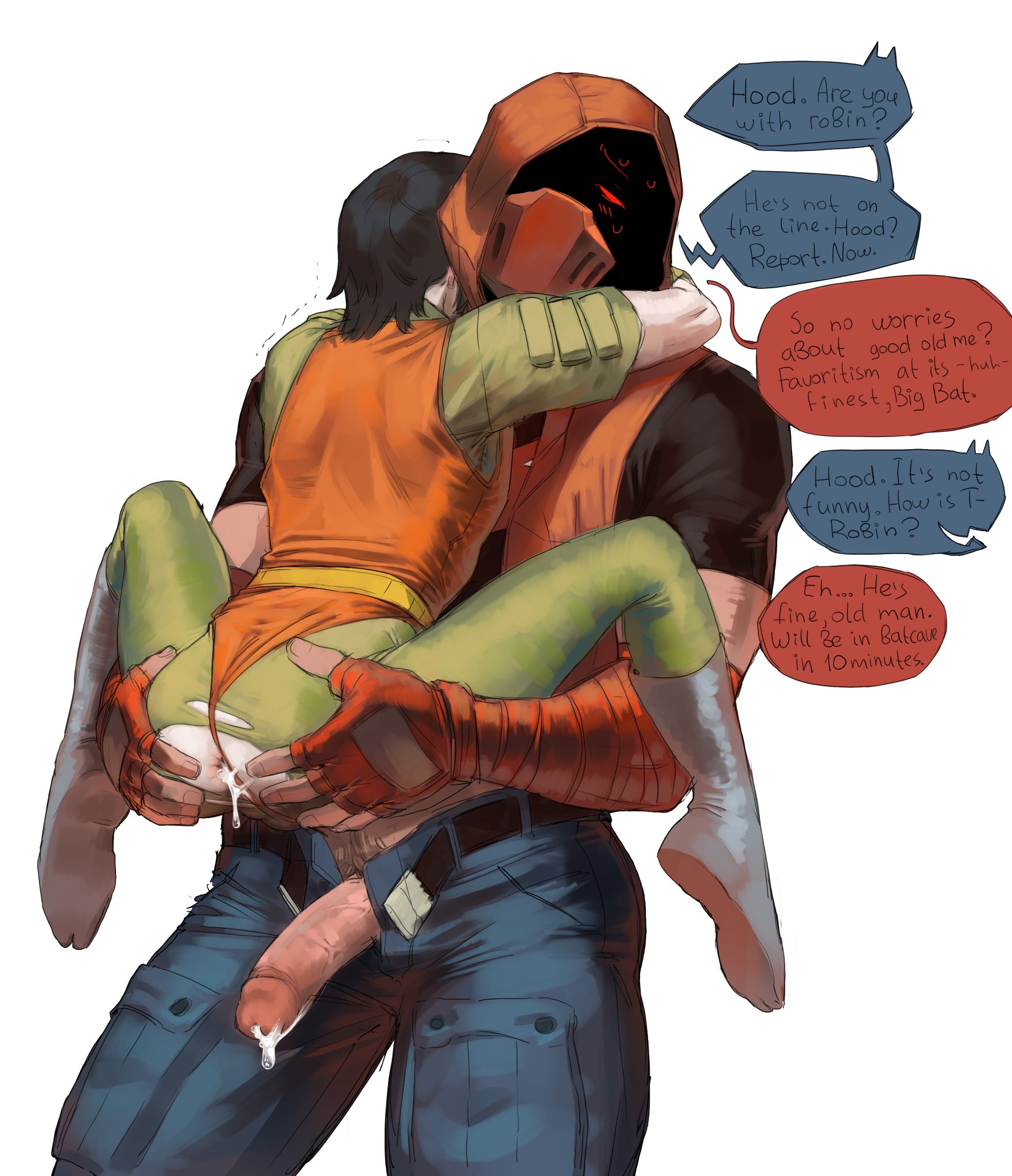 2boys, after anal, after sex, aged down, alternate body size, alternate body type, anus, arms around neck, ass, ass grab, batman (series), big penis, bigger penetrating smaller, clothed sex, cum, cum in ass, cum leaking, cum leaking out of anus, dc, dc comics, dialogue, english text, gay, gay sex, height difference, hugging, jason todd, legs apart, lies, male, male only, male/male, mask, muscular, muscular male, older dom younger sub, older male and younger male, older penetrating younger, penis, penis out, red hood (dc), ripped clothing, ripping pants, robin (dc), robin (tim drake), size difference, stand and carry position, submissive femboy, tight clothing, tim drake, twink, twinkified, yaoi