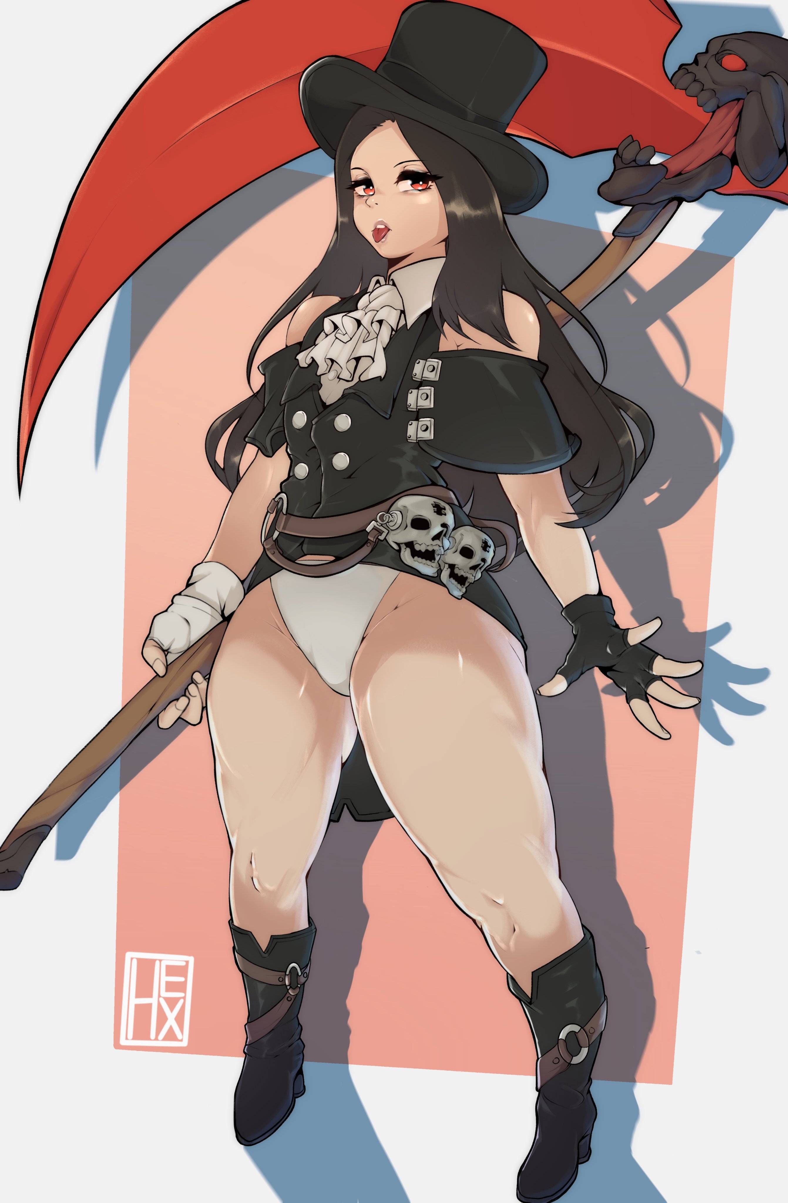 arc system works, black hair, boots, feminine, gloves, guilty gear, guilty gear strive, hat, hexprinxess, long hair, red eyes, scythe, testament (guilty gear), thick thighs, tongue, tongue out, top hat, underwear