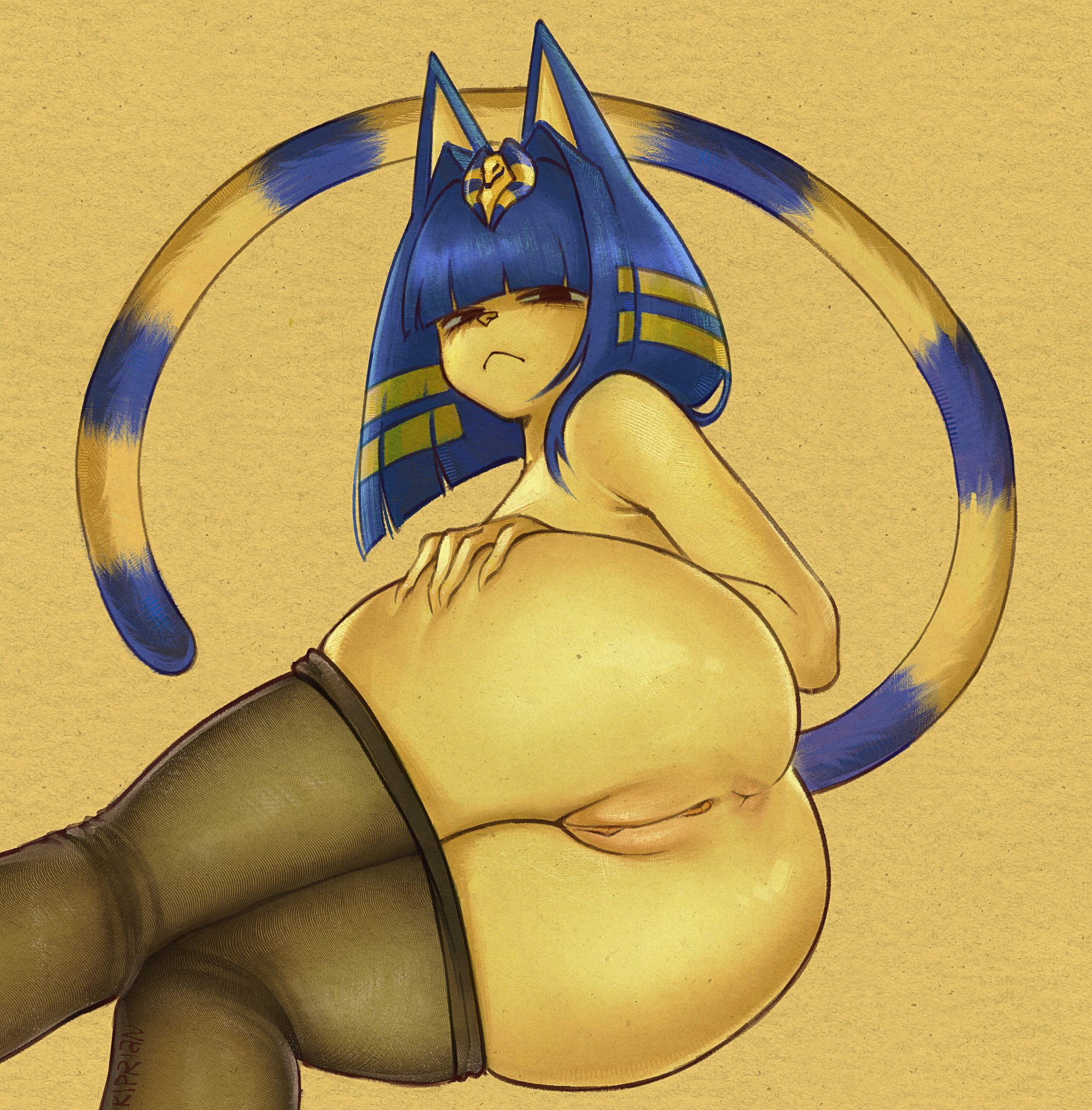 1girls, 2025, animal crossing, ankha, ankha (animal crossing), anthro, anus, ass, black eyes, blue hair, disgusted, domestic cat, egyptian, felid, feline, female, female only, hi res, kiprian, looking at viewer, medium hair, narrowed eyes, nightrobbery, nintendo, nude, nude female, pantyhose, pantyhose down, pussy, solo, tail, thick ass, thick thighs, yellow background, yellow body