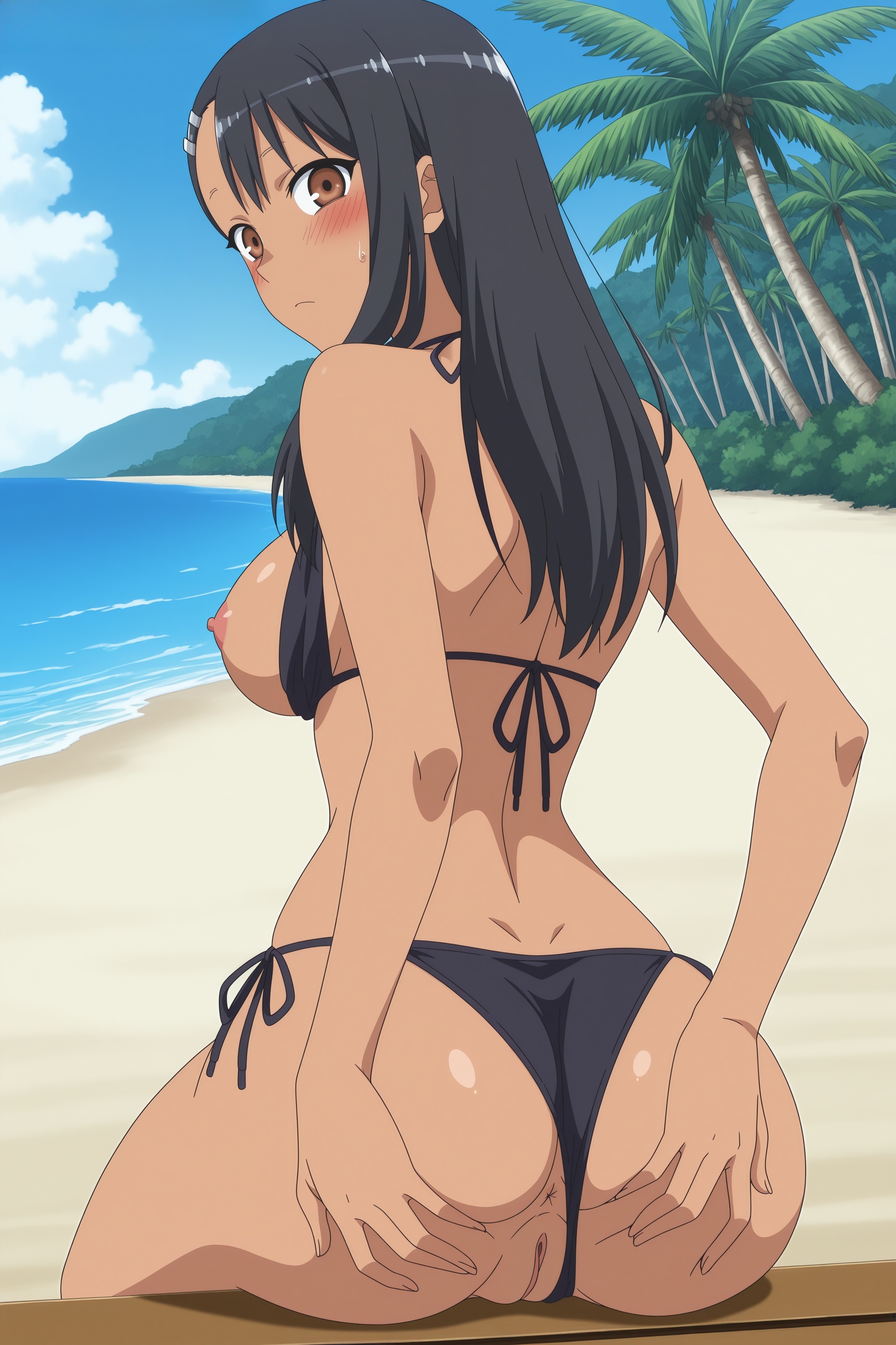 1girl, ai generated, anus, ass, back, beach, bikini, bikini bottom aside, black bikini, black hair, blue sky, blush, breasts, breasts out, brown eyes, closed mouth, clothes pull, clothing aside, cloud, dark skin, dark-skinned female, day, digitalwaifugallery, from behind, hair ornament, hairclip, halterneck, hayase nagatoro, hi res, high quality, high resolution, long hair, looking at viewer, looking back, medium breasts, nipples, ocean, outdoors, palm tree, patreon, please don't bully me, nagatoro, pussy, seductive, sexy, side-tie bikini bottom, sitting, sky, solo, spread ass, string bikini, sweatdrop, swimsuit, tan, tree, uncensored, water