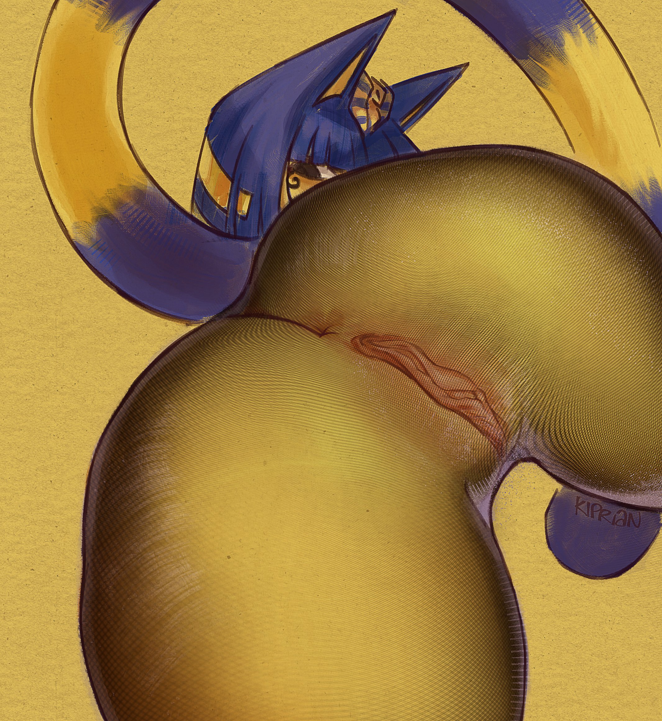 1girls, 2025, animal crossing, ankha, ankha (animal crossing), anthro, anus, ass, ass focus, back view, black eyes, blue hair, domestic cat, felid, feline, female, female only, hi res, kiprian, looking at viewer, looking back, looking back at viewer, nightrobbery, nintendo, no panties, no panties under pantyhose, pantyhose, pussy, rear view, solo, tail, thick ass, thick thighs, yellow background, yellow body