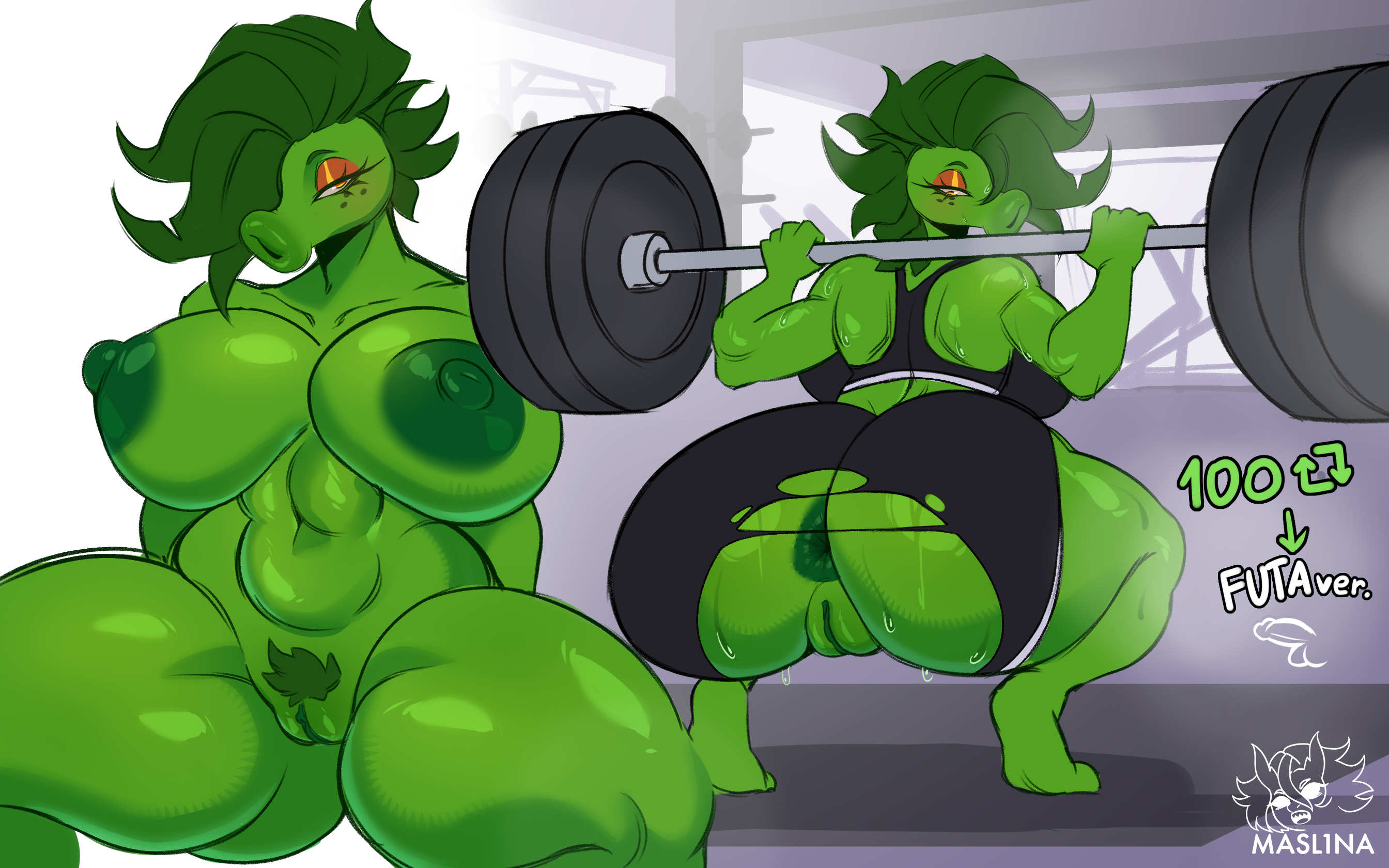 1girl, absurd res, anus, ass, ass bigger than head, belly, big breasts, big butt, breasts, breasts bigger than head, butt, colored sclera, colored skin, dark nipples, dialogue, dumbbell, electronic arts, elemental creature, elemental humanoid, exercise, facial piercing, female, female pubic hair, flora fauna, genitals, green hair, green skin, gym, gym clothes, gym uniform, hair over one eye, hi res, huge breasts, huge butt, huge thighs, humanoid, humanoid female, leaves in hair, leaves on arms, lip piercing, makeup, male, male/female, mascara, masl1na, multiple views, muscular, muscular female, navel, navel piercing, nipple piercing, nipples, nude, outdoor background, outdoor nudity, outside, peablaze (leafpaw), peashooter (pvz), piercing, plant, plant girl, plant humanoid, plants vs zombies, plants vs. zombies, popcap games, pubic hair, pussy, slightly chubby, slightly chubby female, sports bra, spots, squatting, sweat, thick thighs, thighs, torn clothes, weightlifting