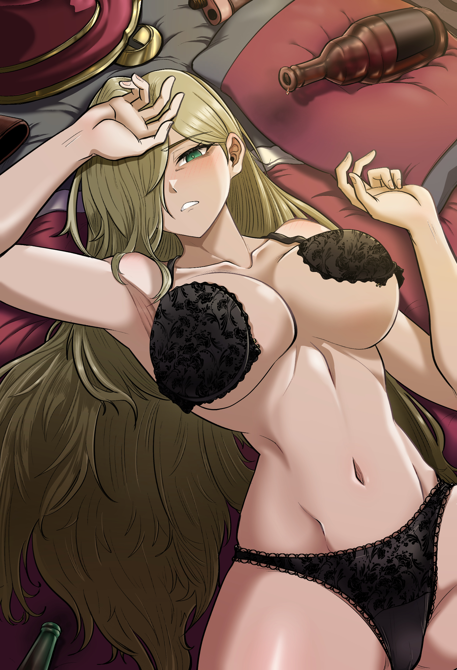 1girls, almost naked, almost nude, armpits, arms up, big breasts, black bra, black panties, blonde hair, hand on head, lace, lace-trimmed bra, lace-trimmed panties, laying down, laying on back, laying on bed, limbus company, long hair, looking at viewer, midriff, no sex, project moon, solo, solo female, solo focus, tagme, tagme (artist), valencina (limbus company), voluptuous, voluptuous body, voluptuous female