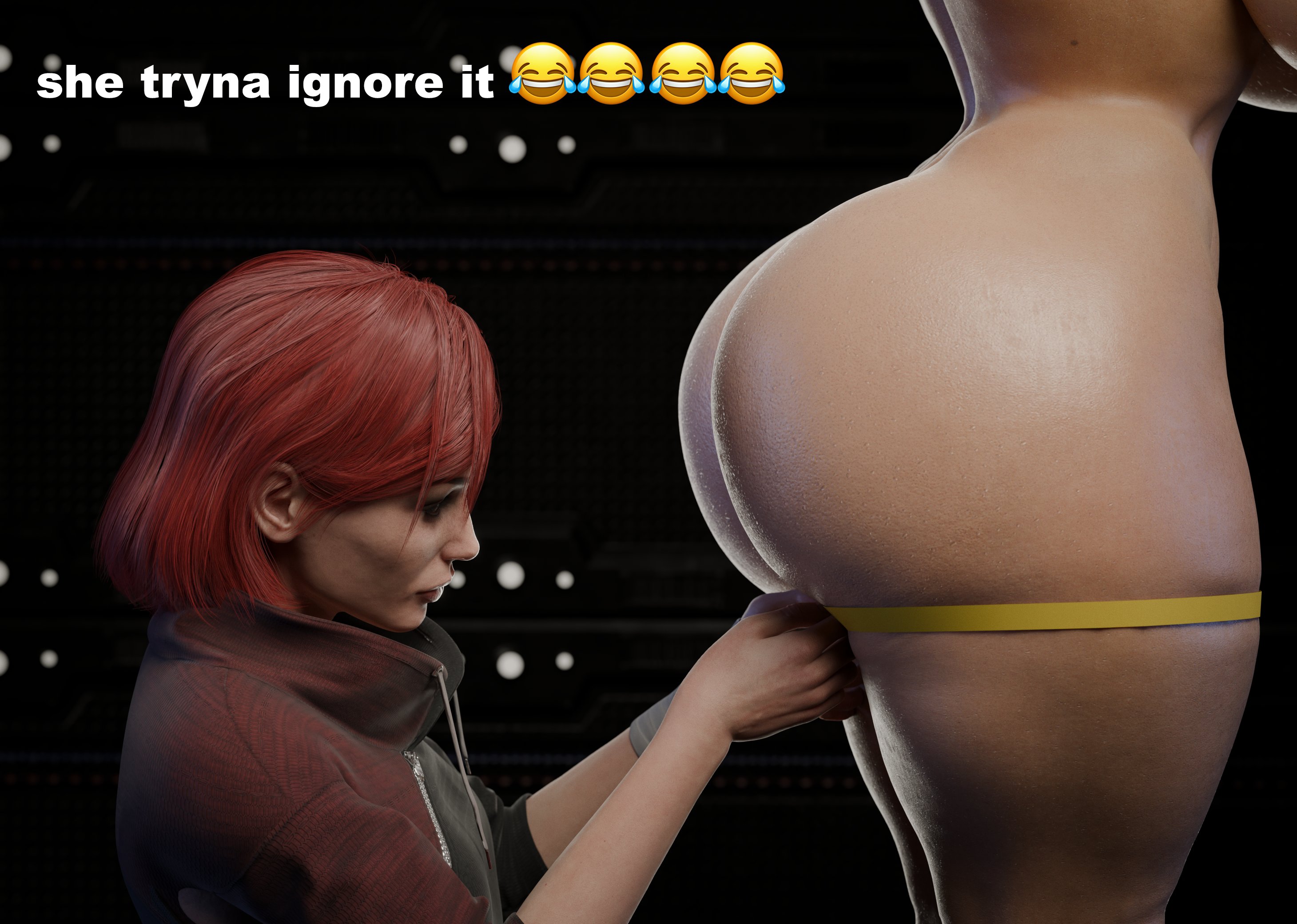 2girls, 3d, 3d (artwork), bioware, black eyeliner, black eyeshadow, bubble butt, cabezadeperro00, child bearing hips, commander shepard, curvaceous, curvaceous female, curvy female, curvy hips, english text, eyeliner, eyeshadow, female, female focus, female only, femshep, he tryna ignore it (meme), human, human only, jane shepard, light skin, light-skinned female, mass effect, measuring, measuring ass, measuring tape, meme, meme reference, multiple girls, pale skin, pale-skinned female, red hair, redhead, redhead female, short hair, standing, video game, video game character, video game franchise, wide hips