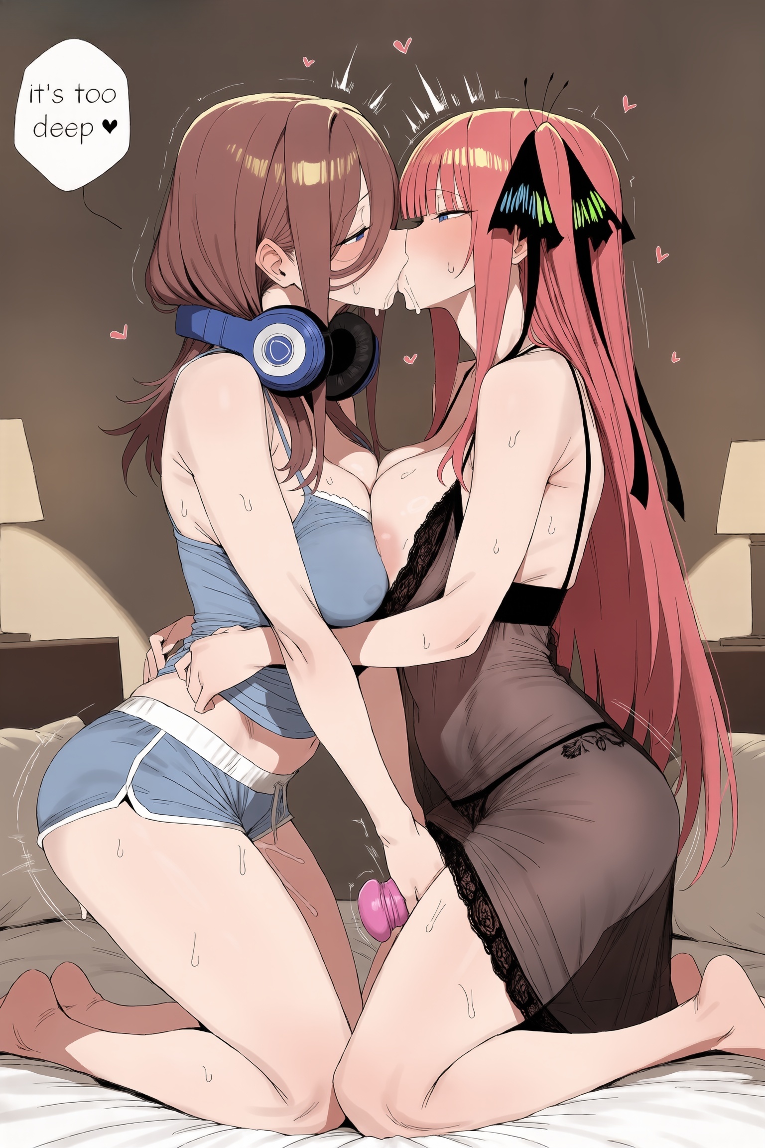 2girls, ai generated, asymmetrical docking, bangs, bare shoulders, barefoot, black bra, blue eyes, blunt bangs, blush, breast press, breasts, brown hair, cleavage, dildo, go-toubun no hanayome, hair ribbon, headphones, headphones around neck, heart, hi res, high quality, high resolution, incest, kiss, kneeling, large breasts, long hair, multiple girls, nakano miku, nakano nino, patreon, pink hair, ribbon, seductive, sex toy, sexy, shorts, sister and sister, sisters, sweat, twins, uncensored, underwear, vibrator, yuri