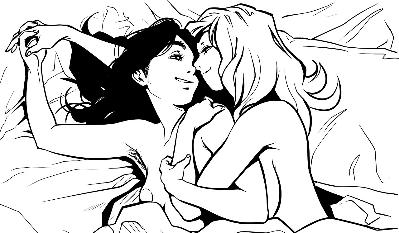 2girls, armpit hair, balak, bed, breasts, cuddling, duo, female, female armpit hair, holding hands, multiple females, multiple girls, nude, nuzzling, yuri