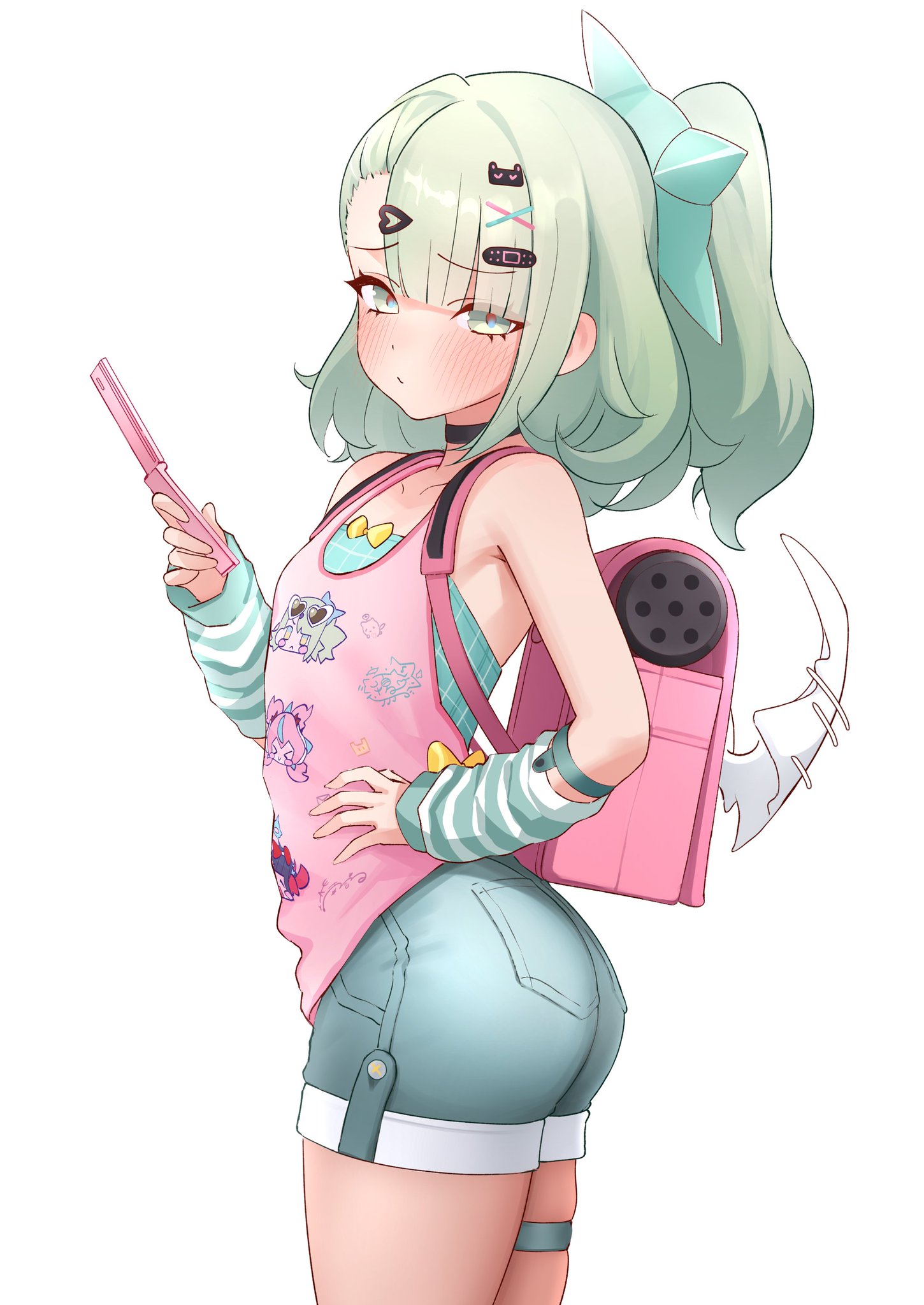 1female, 1girl, 1girls, 2d, angels of delusion, aria (zenless zone zero), arm warmers, armwear, artist request, ass, backpack, big ass, big butt, black choker, blush, blush lines, blushing, blushing at viewer, blushing female, bowtie, bubble ass, bubble butt, butt, choker, clothed, clothing, flip phone, green eyes, green hair, hair clip, hair clips, hair ornament, hair over one eye, hand on hip, hand on own hip, holding, holding object, holding phone, jean shorts, kfc, leg belt, looking at viewer, medium hair, mihoyo, mihoyo technology (shanghai) co. ltd., myano art, nangong yu (zenless zone zero), pink backpack, pink phone, ponytail, simple background, small breasts, solo, solo female, solo focus, sunna (delusions in business) (zenless zone zero), sunna (zenless zone zero), thick ass, thick butt, thick thighs, thighs, white background, wings, zenless zone zero