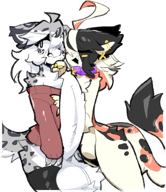 1boy, 2d, affectionate, ambiguous gender, anthro, balls bigger than head, black thighhighs, blush, bottomless, bottomless male, cat, closed eyes, collar, ear piercing, felid, felid humanoid, feline, feline humanoid, femboy, furry, furry only, grey fur, huge cock, leaning forward, leo (shiyaa stuff), looking away, looking to the side, massive penis, nonbinary, nonbinary (lore), oc, penis, purple collar, red sweater, shiyaa stuff, simple background, smile, snow leopard, spotted body, thighhighs, white background, white fur