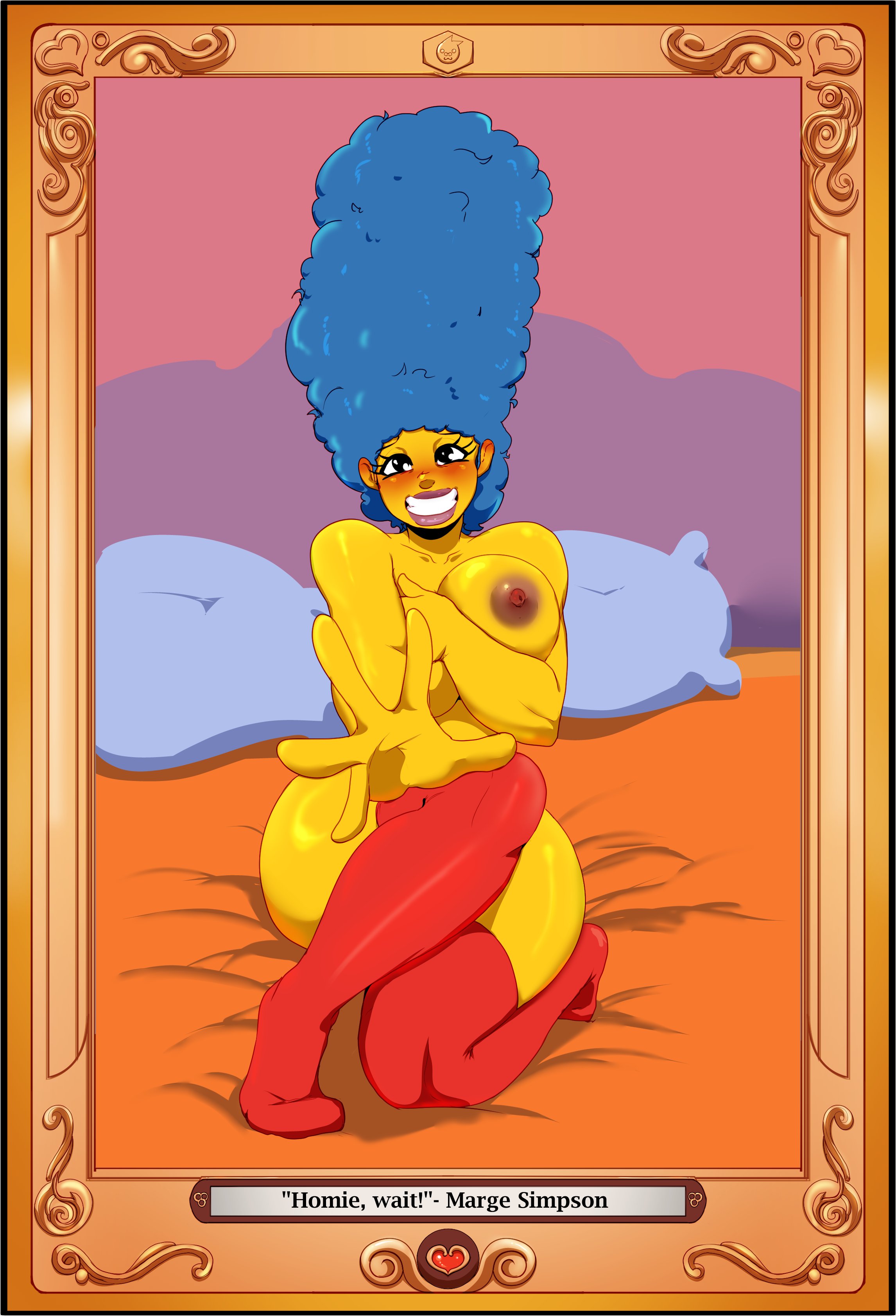 1girls, areolae, big breasts, big hair, blue eyes, blue hair, breasts, character name, female, female only, full body, hair, hand on breast, huge breasts, legwear, lips, marge simpson, mature, mature female, mature woman, milf, mother, n-ronin, naked, naked female, nipples, nude, nude female, pillow, red thighhighs, solo, solo female, the simpsons, thick thighs, thighhighs, thighs, yellow body, yellow skin