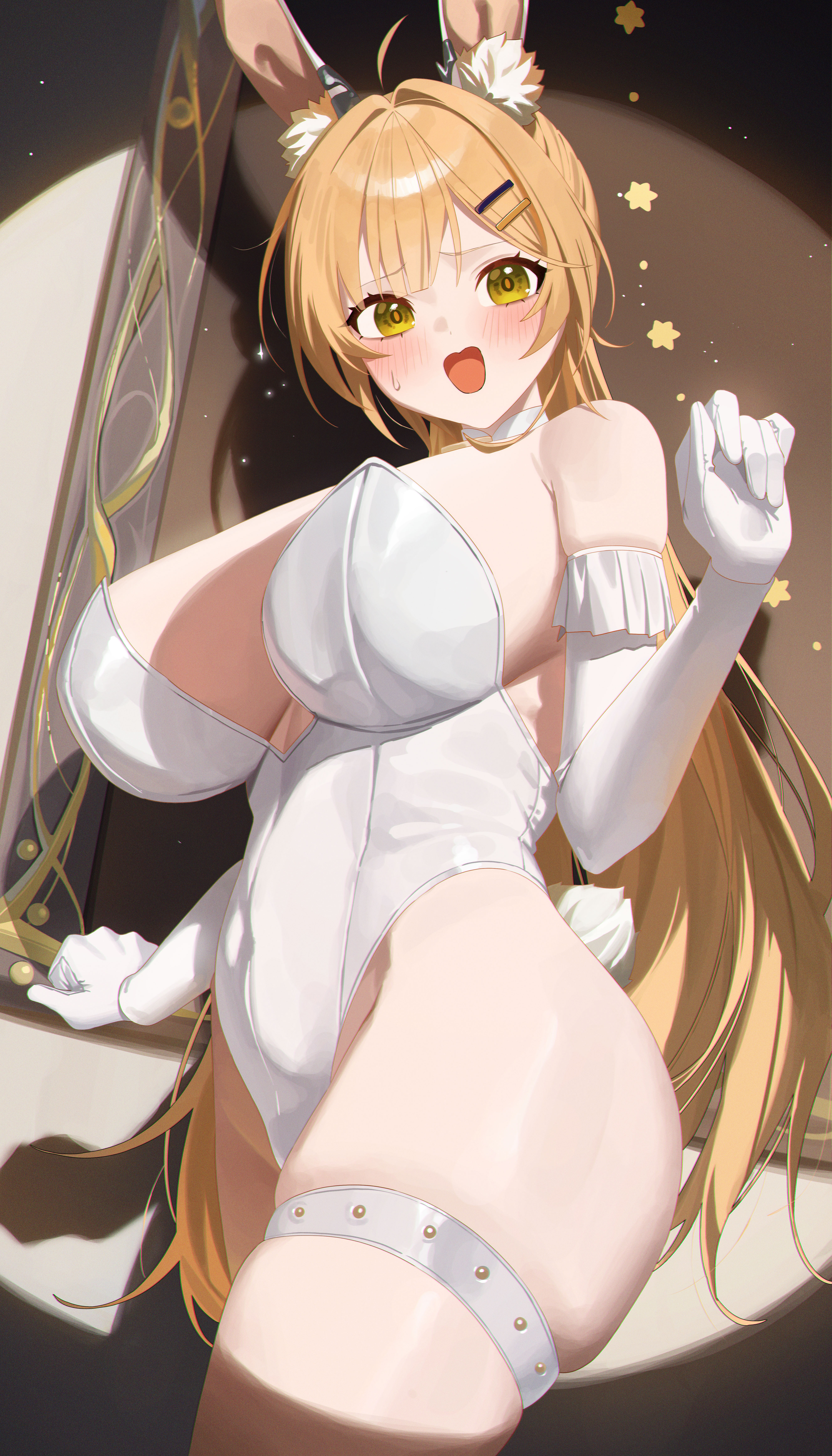 1girls, animal ears, animal tail, artist name, artist request, ass, blonde hair, breasts, bunny, bunny ears, bunny girl, bunny tail, bunnysuit, caught, caught in the act, curvy, curvy body, curvy female, curvy figure, curvy hips, embarrassed, embarrassed expression, female, female focus, female only, gloves, gratia (silver palace), green eyes, hi res, hips, hips wider than shoulders, huge breasts, indoors, large breasts, leotard, long gloves, long hair, looking at viewer, open mouth, painting (object), painting on wall, rabbit, rabbit ears, rabbit girl, rabbit tail, shiny skin, shoulders, silver palace, solo, solo female, solo focus, suprised, suprised expression, thick, thick ass, thick thighs, thigh strap, thighs, white gloves, white leotard, white long gloves, wide hips, wide thighs