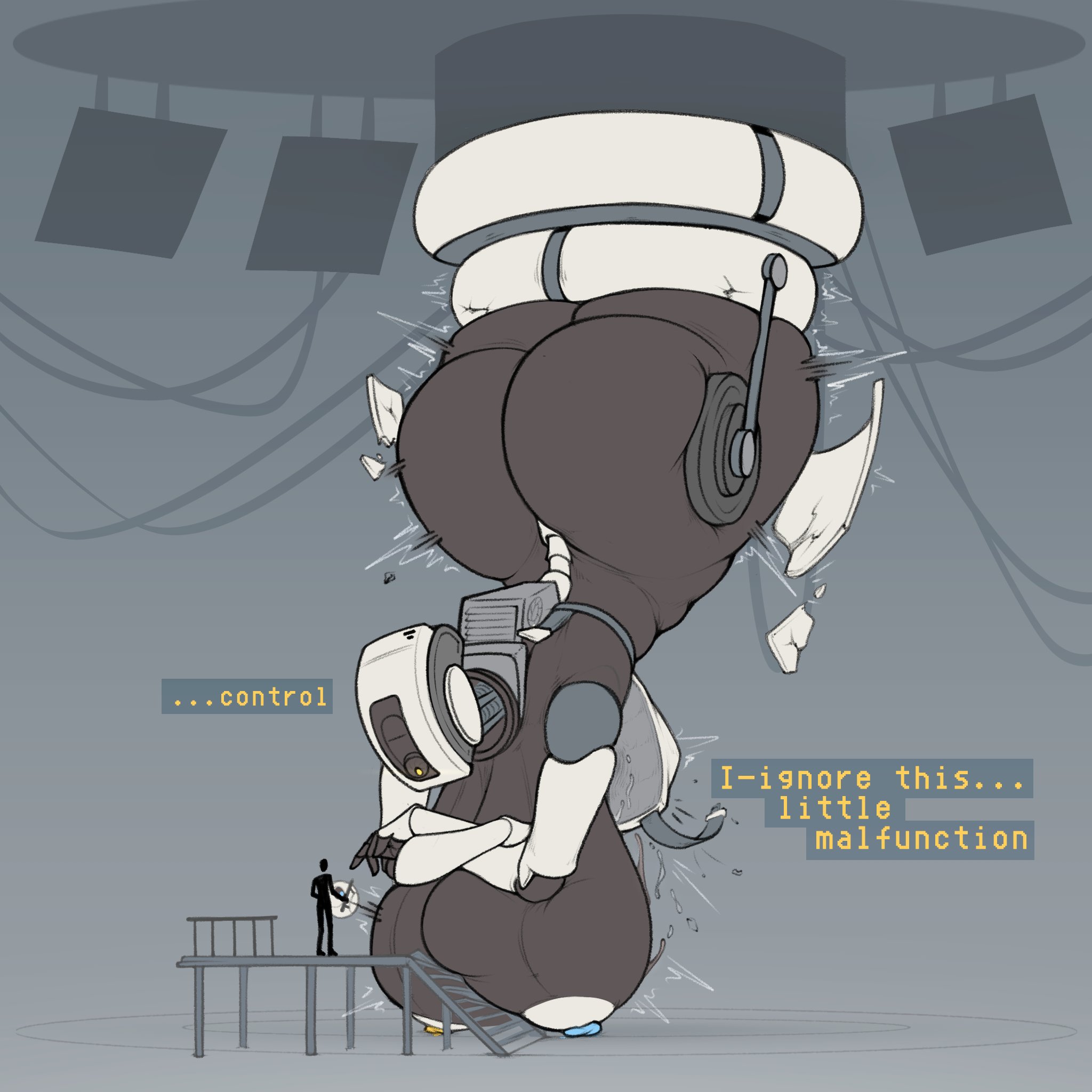arms crossed over breasts, ass bigger than head, ass expansion, big d0rk, bigger female, breast expansion, breast growth, breasts bigger than head, bursting breasts, bursting butt, destruction, expansion, giantess, gigantic ass, gigantic breasts, gigantic butt, gigantic nipples, gigantic thighs, glados, glados (central core), glados (humanoid), growth, growth sequence, hanging breasts, huge ass, huge breasts, hyper, no bra, portal (series), portal 2, robot, robot girl, size difference, thigh expansion, torn clothes, upside-down, wardrobe malfunction, wide hips, yellow eye