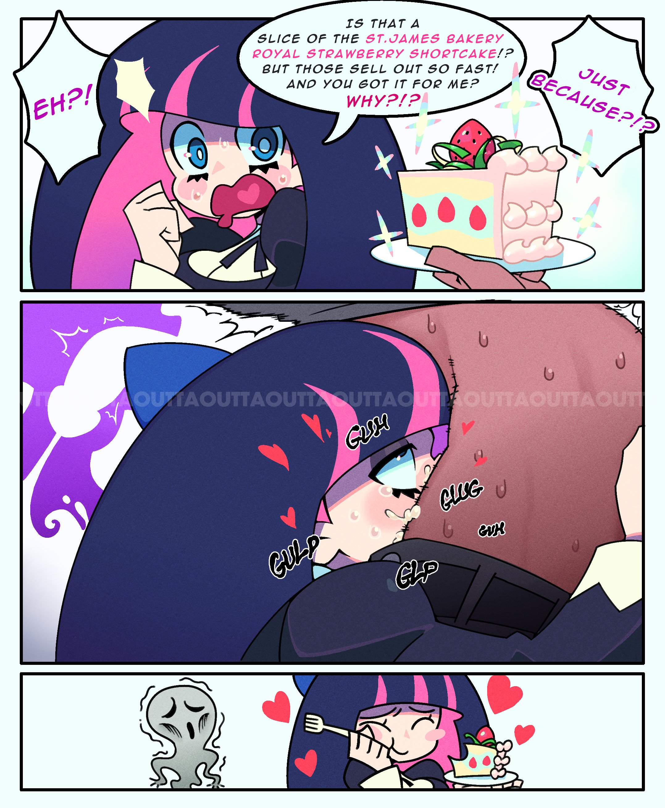 1boy, 1girls, accurate art style, accurate body type, accurate proportions, all the way to the base, blowjob, bow, cake, cake slice, clothed female, clothed male, clothing, color, cum, cum in mouth, cum inside, dark blue hair, deepthroat, duo, eating, english text, eyelashes, female, female focus, food, hair ornament, light skin, light-skinned female, long hair, open mouth, oral, outtaoutta, panty & stocking with garterbelt, penis, smile, stocking anarchy, straight