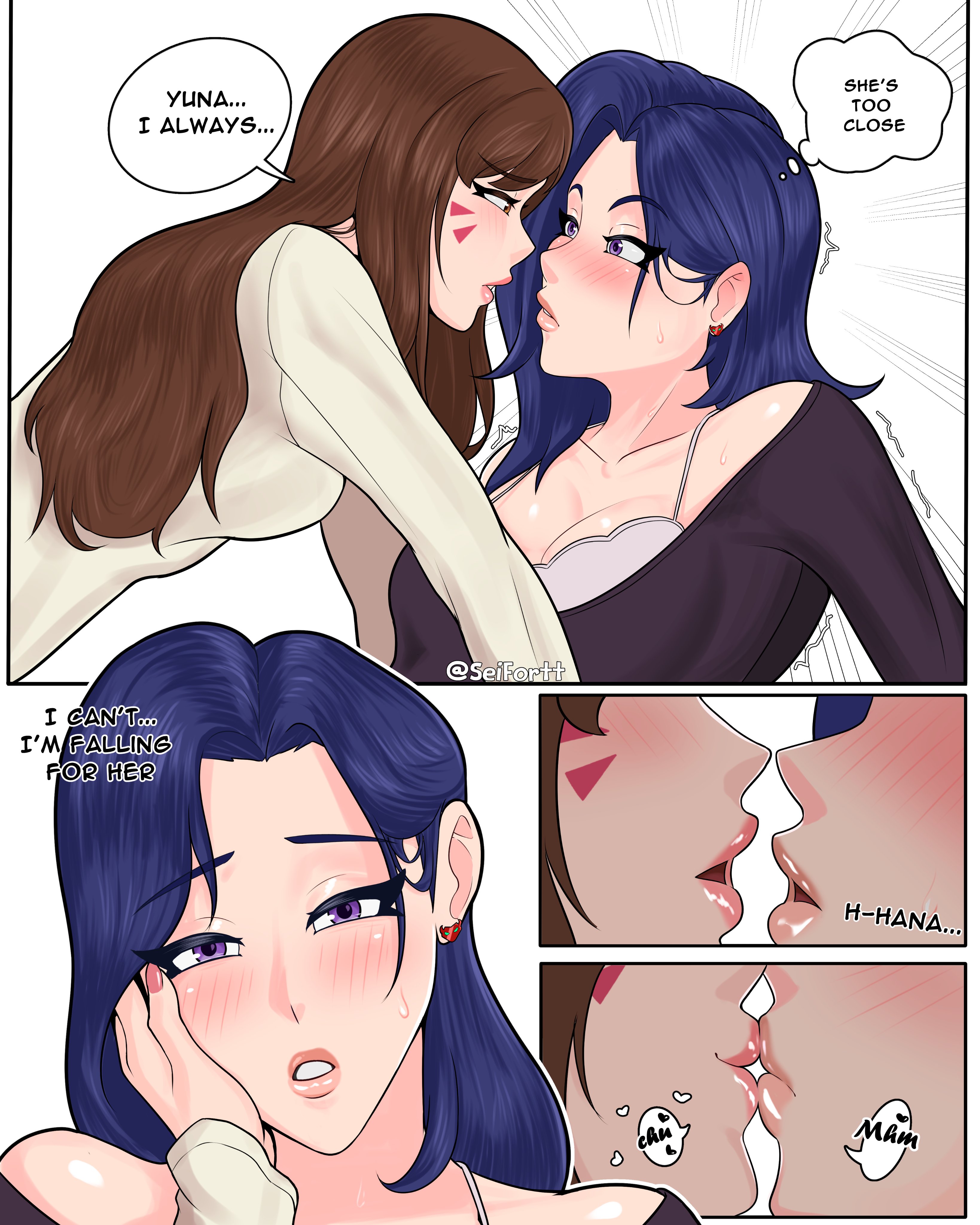 2girls, d.mon, d.va, lesbian kiss, overwatch, romantic, seifortt, wholesome, yuri