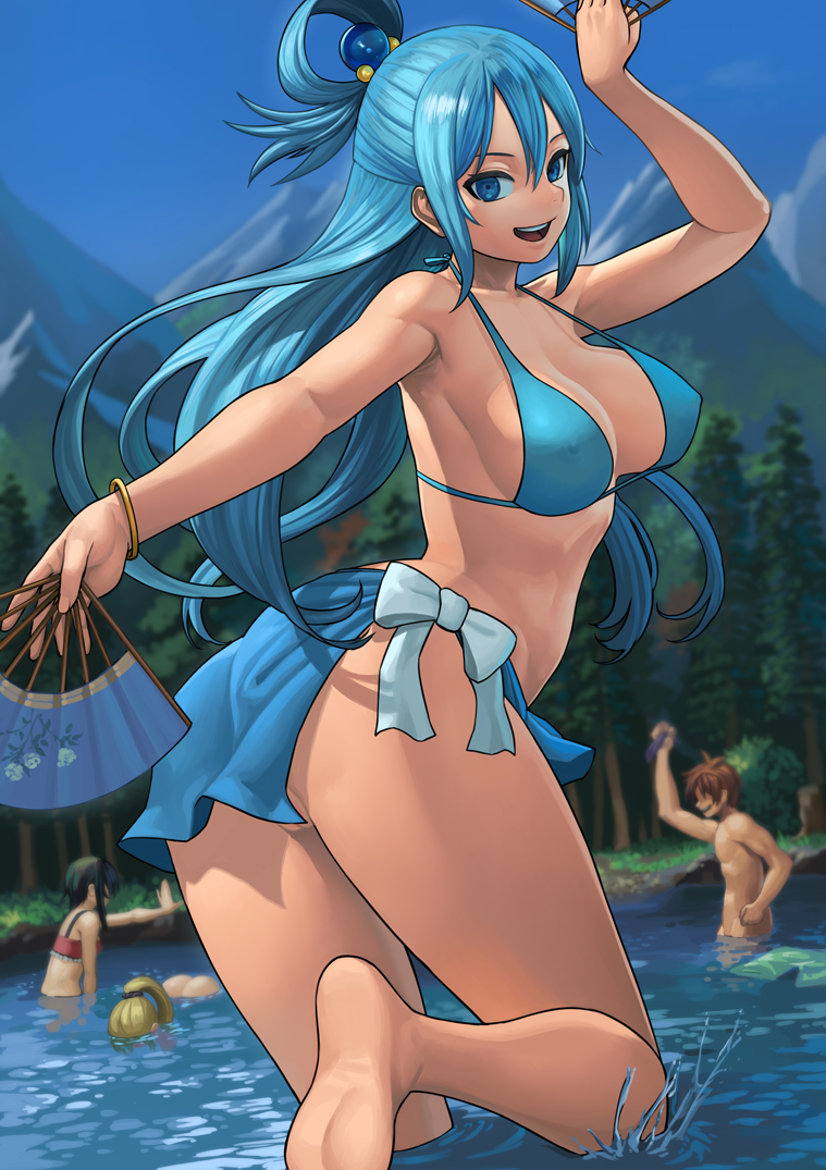 1boy, 3girls, aqua (konosuba), ass, bikini, black hair, blonde hair, blue eyes, blue hair, bottomless, breasts, brown hair, cleavage, darkness (konosuba), fan, female, kono subarashii sekai ni shukufuku wo!, lasterk, looking at viewer, looking back, male, megumin, multiple females, multiple girls, satou kazuma, solo focus