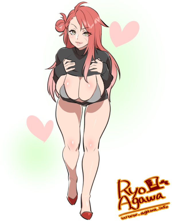 bra, breasts, female, hair bun, large breasts, leaning, leaning forward, long hair, partially clothed, red hair, ryo agawa, shirt lift, side bun, solo