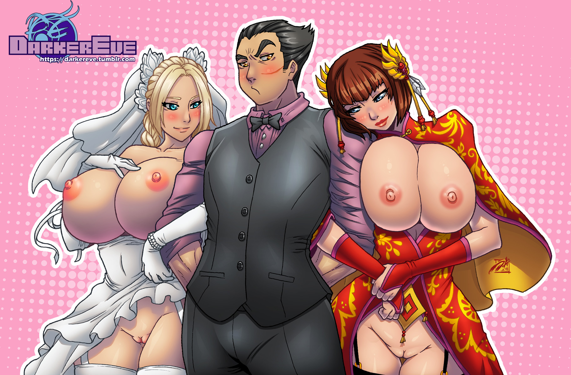 1boy, 2girls, anna williams, blonde hair, blue eyes, blush, breasts, breasts out, bridal veil, brown hair, china dress, darkereve, female, ffm, holding arm, huge breasts, innie pussy, kazuya mishima, lipstick, male, nina williams, nipples, no bra, no panties, pussy, scar, sisters, straight, tekken, tekken 7, thighhighs, vest, wedding dress