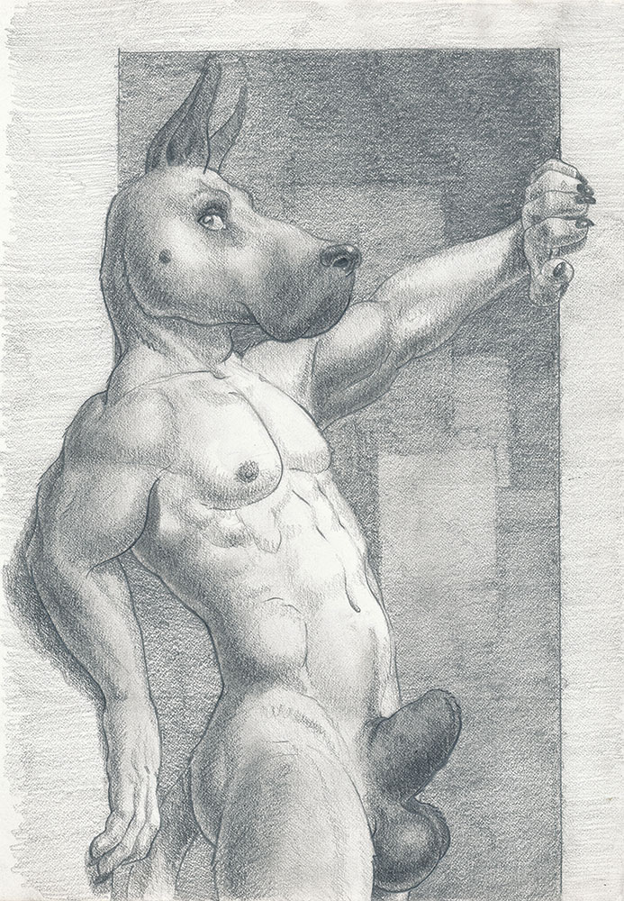 animal_genitalia arjuna balls canine furry great_dane greyscale looking_at_viewer male male_only mammal monochrome nude sheath solo standing