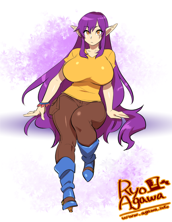 boots, bracelet, breasts, clothed, elf, female, large breasts, long hair, orange eyes, pointy ears, purple hair, rime kae, ryo agawa, sitting, solo, very long hair