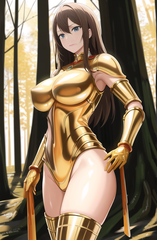 1girls ai_generated armor bare_thighs brown_hair disgusted feet_out_of_frame female female_armor forest gloves gold gold_(metal) gold_armor heroine knight large_breasts leg_armor legwear long_gloves long_hair longjohnsingleduct looking_at_viewer metal metal_armor metallic shiny shoulder_armor shoulder_pads solo standing