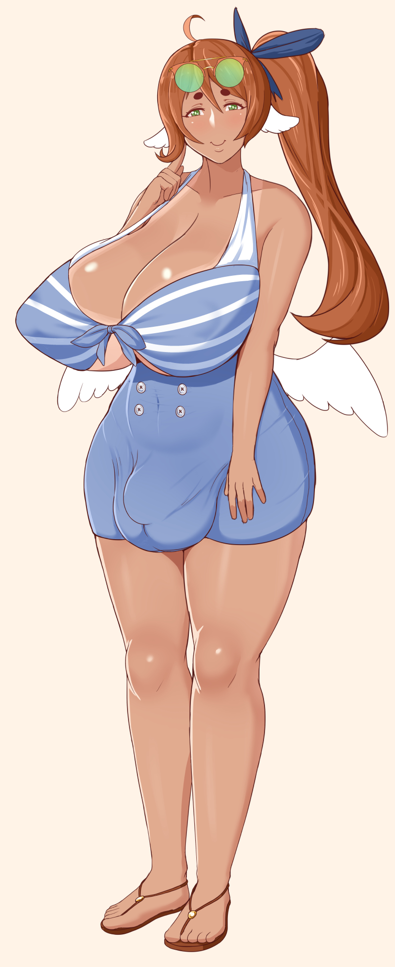 1futa angel blush bulge butt_wings clothing dickgirl eyewear eyewear_on_head feathered_wings feathers flip-flops flip_flops full_body full_cleavage futa_only futanari gaikiken glasses glasses_on_head green_eyes head_wings humanoid intersex long_breasts low_wings nipple_bulge open_toe_shoes round_glasses sandals simple_background smile solo solo_futa tan tan_line tan_skin tanline tanlines tied_hair white_background white_wings wings