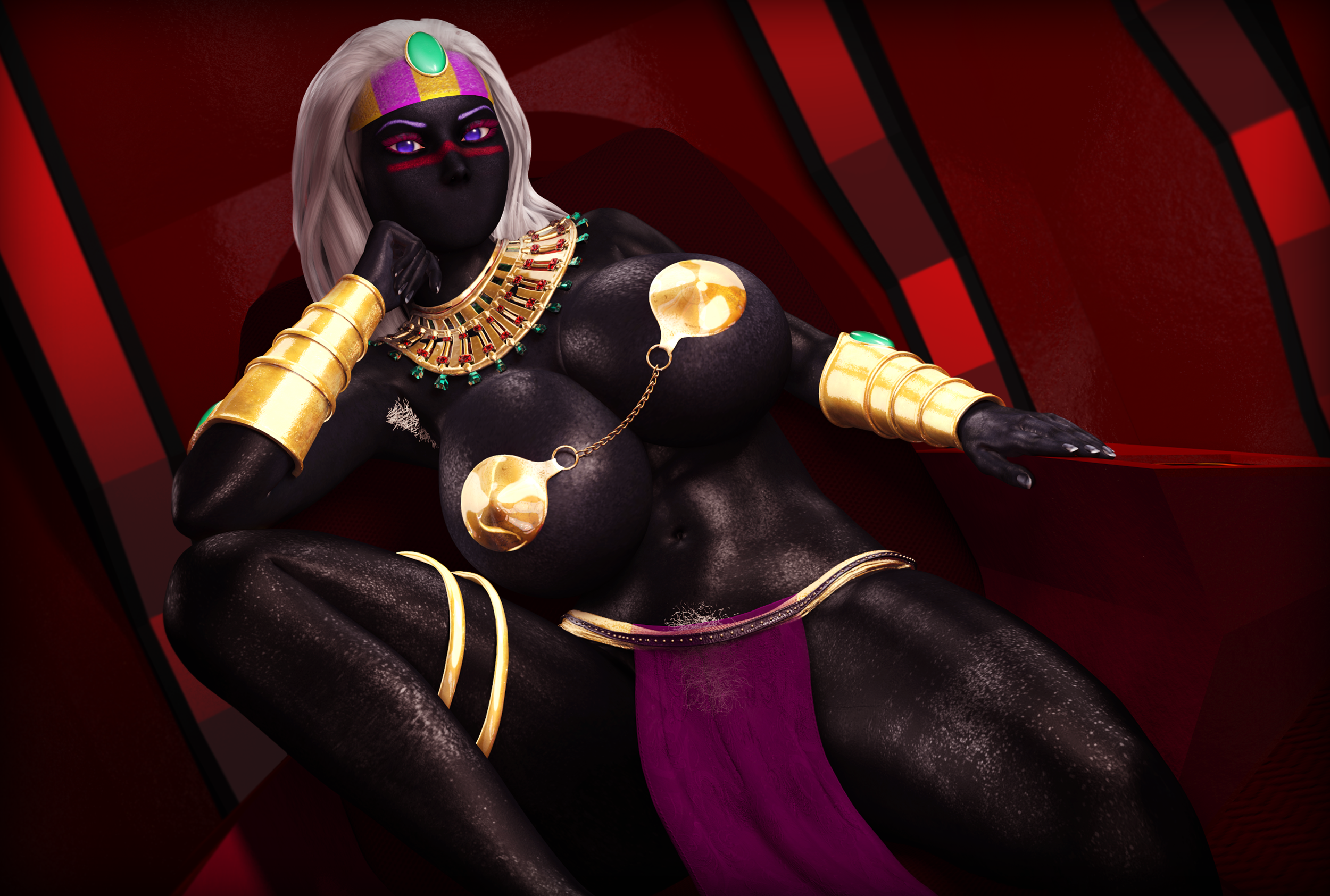 1girls, 3d, armpit hair, black skin, duck dodgers, female, female armpit hair, female only, hairy, pubic hair, purple eyes, queen tyr'ahnee, rasmus-the-owl, solo, solo female, warner brothers, white hair