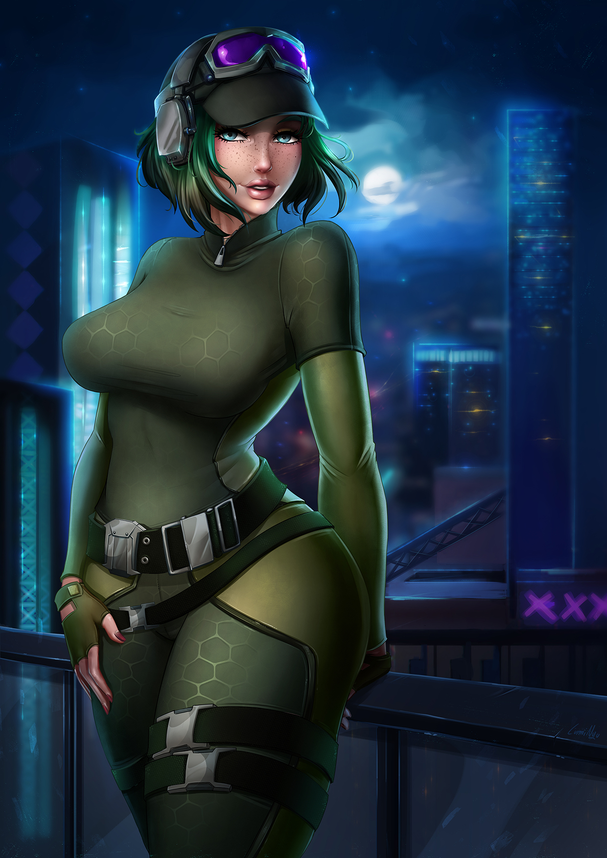 1girls, ass, background, belt, big breasts, big thighs, blue eyes, breasts, brown hair, cap, clothed, clothes, clothing, clouds, curvaceous, cute, ela (rainbow six), eyelashes, eyes, eyeshadow, female, female only, freckles, green hair, hair, hi res, highres, hips, large ass, large breasts, light skin, light-skinned female, lips, lipstick, looking at viewer, luminyu, makeup, mouth, nail polish, nose, open eyes, open mouth, pale skin, pale-skinned female, patreon, pink lipstick, rainbow six, rainbow six siege, short hair, skin, sky, smile, soldier, solo, solo focus, tagme, thick thighs, thighs, tom clancy, two-tone hair, voluptuous, wide hips