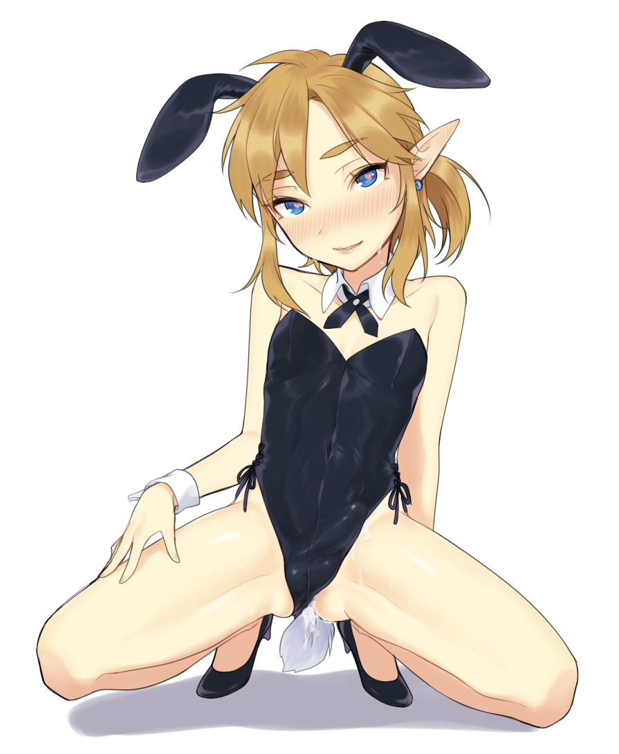 1boy androgynous animal_ears ass balls_in_bunnysuit bangs bare_legs bare_shoulders black_leotard blue_eyes blush breath_of_the_wild bunny_boy bunny_day bunny_ears bunny_tail bunnysuit canon_crossdressing covered_navel cum cum_in_ass detached_collar drawstring earrings erection erection_under_clothes eyebrows_visible_through_hair femboy full_body girly head_tilt heart heart-shaped_pupils high_heels hylian jewelry leotard light_brown_hair link link_(breath_of_the_wild) looking_at_viewer male_focus medium_hair meimone nose_blush parted_lips penis_in_bunnysuit pointy_ears ponytail sidelocks smile solo spread_legs squatting strapless strapless_leotard sweat symbol-shaped_pupils tail the_legend_of_zelda trap wavy_mouth white_background wrist_cuffs yaoi young