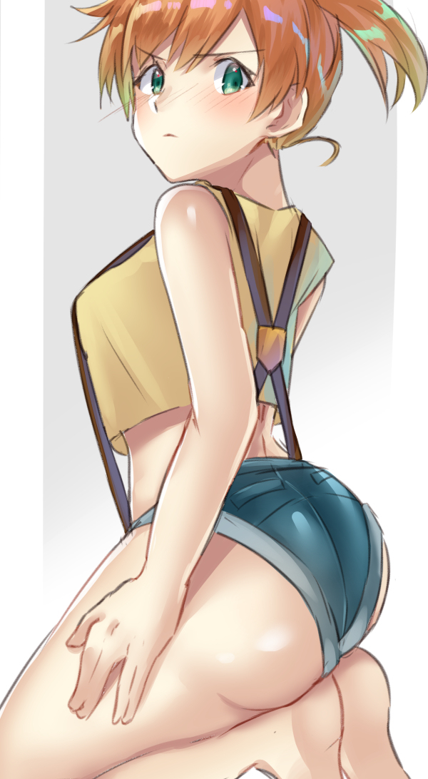 1girls, artist request, ass, back, blue shorts, blush, blushing, breasts, clothed, denim, denim shorts, eyelashes, feet, female, female only, green eyes, hand on leg, human, human only, kasumi (pokemon), kneeling, looking at viewer, midriff, nintendo, orange hair, pokemon, pokemon rgby, shirt, shorts, side ponytail, sketch, small breasts, soles, solo, suspenders, tank top, white background, yellow shirt