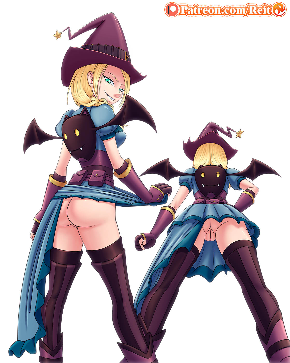 ass, blonde hair, clothing, dungeon defenders, female, gun witch (dungeon defenders), long hair, looking at viewer, looking back, perspective, pussy, reit, skirt, skirt lift, thighhighs, twin braids, twintails