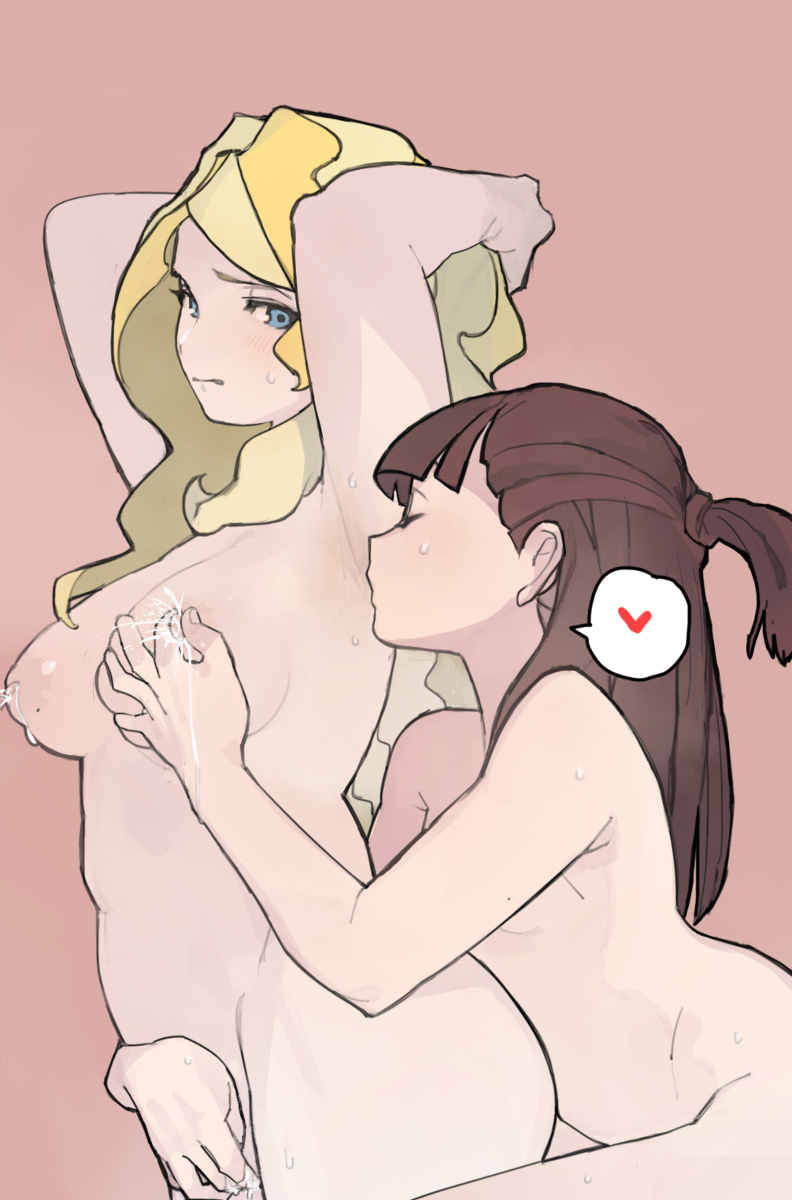 2girls, armpit, armpit fetish, armpit licking, armpits, atsuko kagari, blush, breasts, brown hair, couple, diana cavendish, female, lactation, licking, little witch academia, looking at another, milk, moaning, multicolored hair, multiple females, multiple girls, nipple tweak, nipples, simple background, yuri