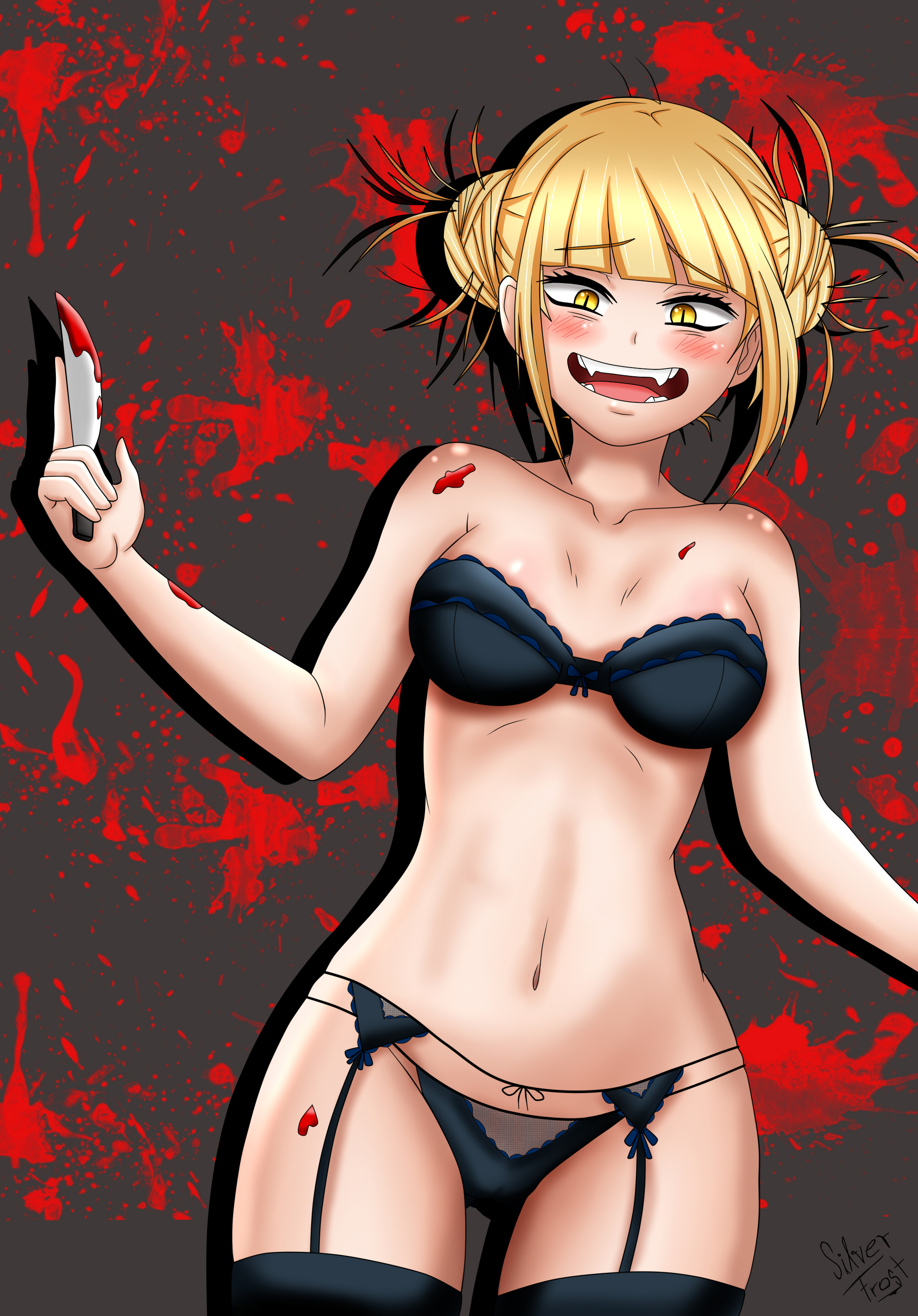 1girls, bangs, black bra, black panties, black socks, blonde hair, blonde-haired female, blood, blush, bra, breasts, clothed, cowboy shot, double bun, eyelashes, eyeliner, fangs, female, female only, front view, frosver, garter belt, garter straps, hair bun, highres, himiko toga, holding weapon, human, knife, lingerie, looking at viewer, medium breasts, melee weapon, my hero academia, navel, open smile, panties, sidelocks, smile, socks, solo, thigh socks, thighhighs, weapon, yellow eyes