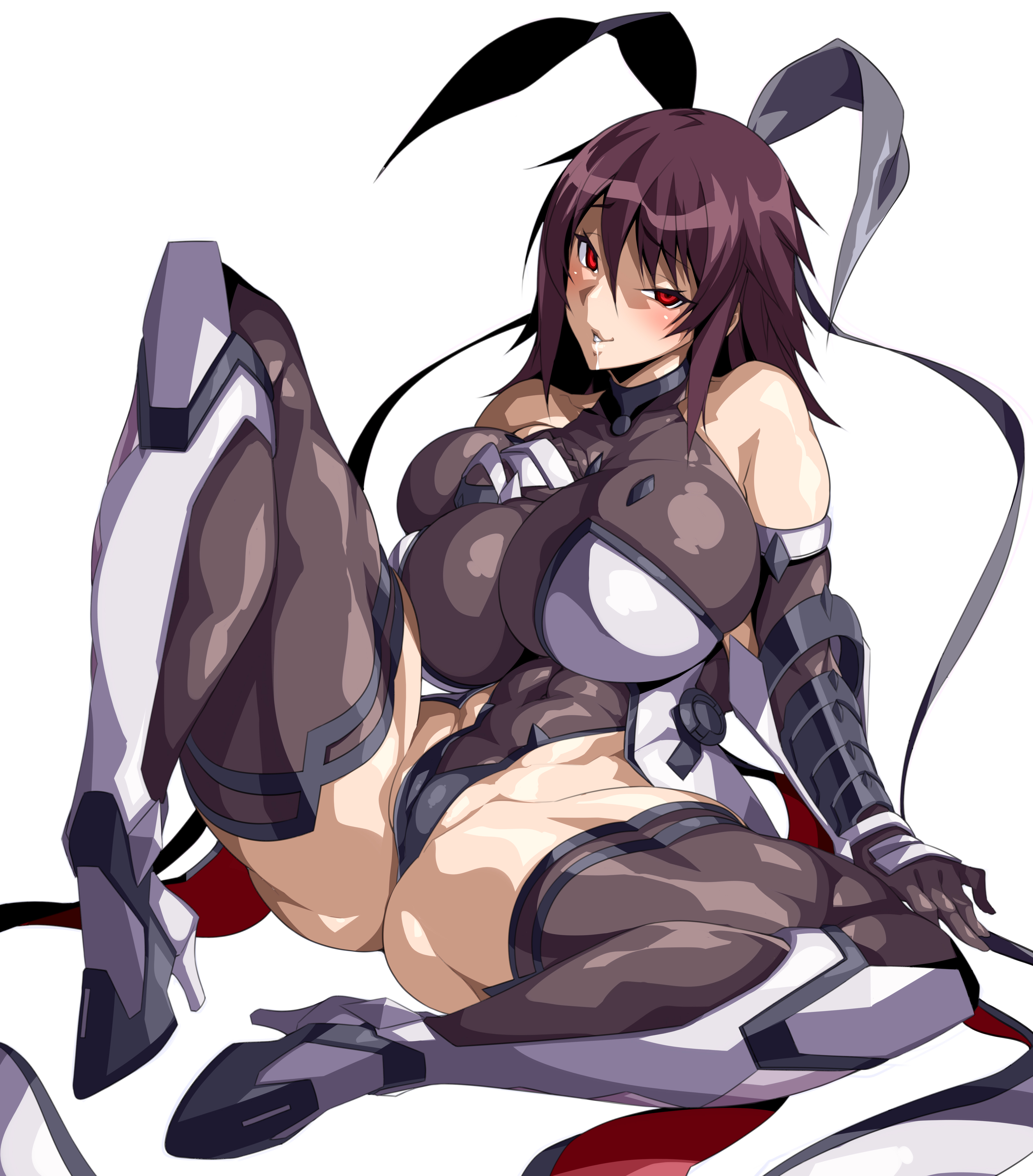 1girls, absurdres, ass, bangs, black leotard, blush, breasts, cameltoe, covered navel, covered nipples, deep skin, demon, elbow gloves, female, female only, full body, gloves, hair ribbon, high heels, highres, huge breasts, leotard, long hair, looking at viewer, milf, mizuki shiranui, mother, parted lips, potion (moudamepo), pussy, red eyes, ribbon, shiny, shiny clothes, shiny hair, sitting, skin tight, smile, solo, spread legs, succubus, taimanin (series), taimanin yukikaze, teeth, thighhighs, white background