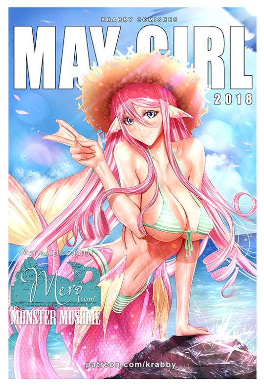 bird blue_eyes cloud female hat krabby_(artist) lens_flare long_hair mermaid meroune_lorelei monster_girl monster_musume_no_iru_nichijou ocean patreon patreon_reward patreon_username pink_hair pointy_ears rock scales seagull straw_hat striped_bikini striped_panties