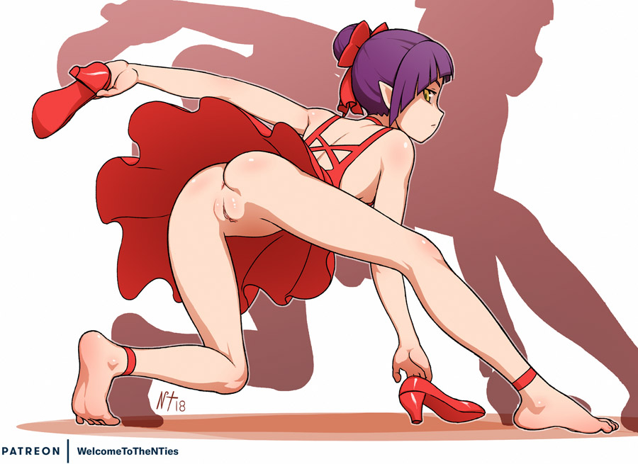 1girls, 2018, ankle ribbon, ass, barefoot, breasts, cat girl, female, female only, gegege no kitarou, hair ribbon, holding shoes, humanoid, looking at viewer, looking back, nekomusume, noisetanker, pointed ears, pointy ears, purple hair, pussy, shadow, shaved pussy, short hair, skirt, solo, upskirt, white skin, yellow eyes, yokai