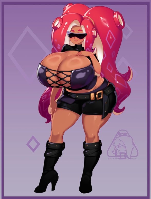 1girls, artist signature, belt, big breasts, blush, boots, breasts, cleavage, clothed, female, hand on breast, heel boots, heels, high heels, hourglass figure, huge breasts, little blood, long hair, midriff, nintendo, octoling, octoling girl, octoling rival, red hair, shorts, solo, splatoon, splatoon (series), sunglasses, thick thighs, voluptuous, wide hips