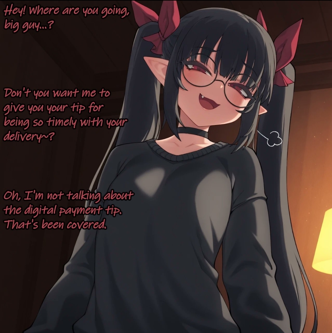 ai generated, black hair, black shirt, burakurasu (artist), choker, elf ears, female, glasses, red eyes, rev says desu, smile, text, twintails, virtual youtuber, vtuber, youtube
