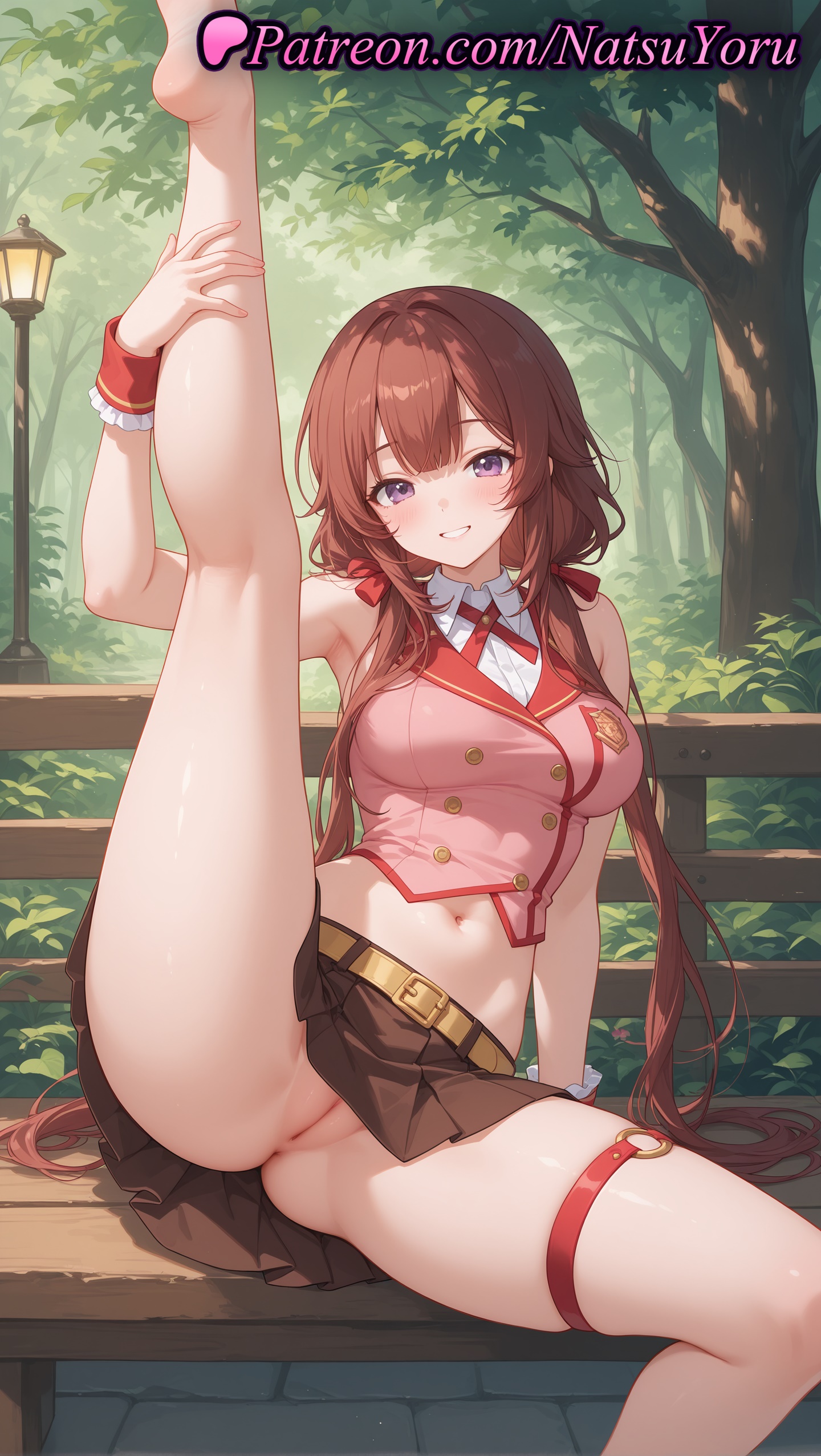 1girls, 2025, ai generated, anus, barefoot, belt, blush, breasts, brown hair, buttons, crop top, double-breasted, female, female only, genjitsu shugi yuusha no oukoku saikenki, hi res, highres, legs, long hair, looking at viewer, low twintails, natsuyoru, navel, no panties, outdoors, patreon, pink shirt, pleated skirt, purple eyes, pussy, roroa amidonia, shirt, sitting, skirt, sleeveless, sleeveless shirt, smile, solo, thigh strap, thighs, twintails, uncensored, voluptuous, voluptuous female, wrist cuffs