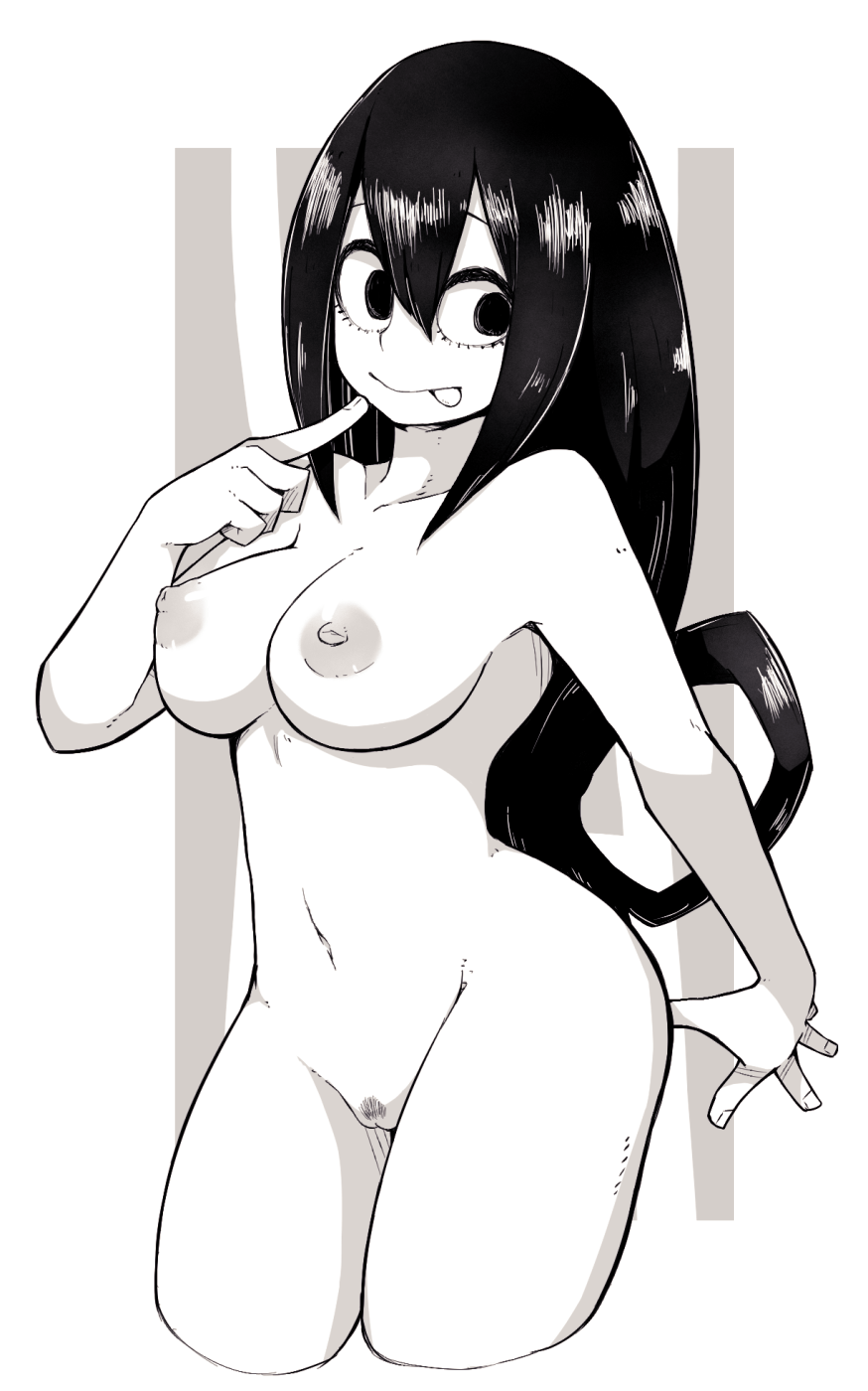 :<, 1girls, arm at side, asymmetrical hair, breasts, cleft of venus, closed mouth, collarbone, cowboy shot, cropped legs, expressionless, female, female only, groin, hand on own chest, hand up, high ponytail, highres, hips, lamb-oic029, large breasts, long hair, looking at viewer, monochrome, my hero academia, navel, nipples, nude, ponytail, pubic hair, pussy, solo, standing, stomach, tsuyu asui, wide hips