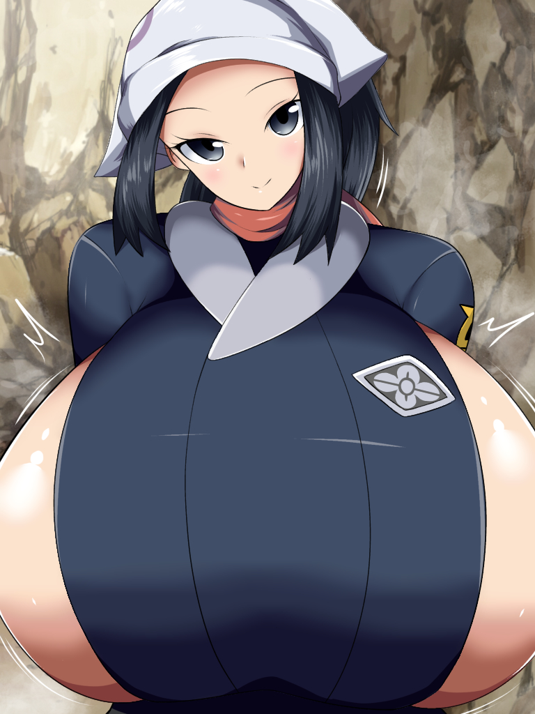 1girls, akari (pokemon), alternate breast size, blue eyes, blue hair, breasts, enormous breasts, eye contact, female, female protagonist, hyper, hyper breasts, looking at viewer, nintendo, norio (pheromosa times), pokemon, pokemon legends: arceus