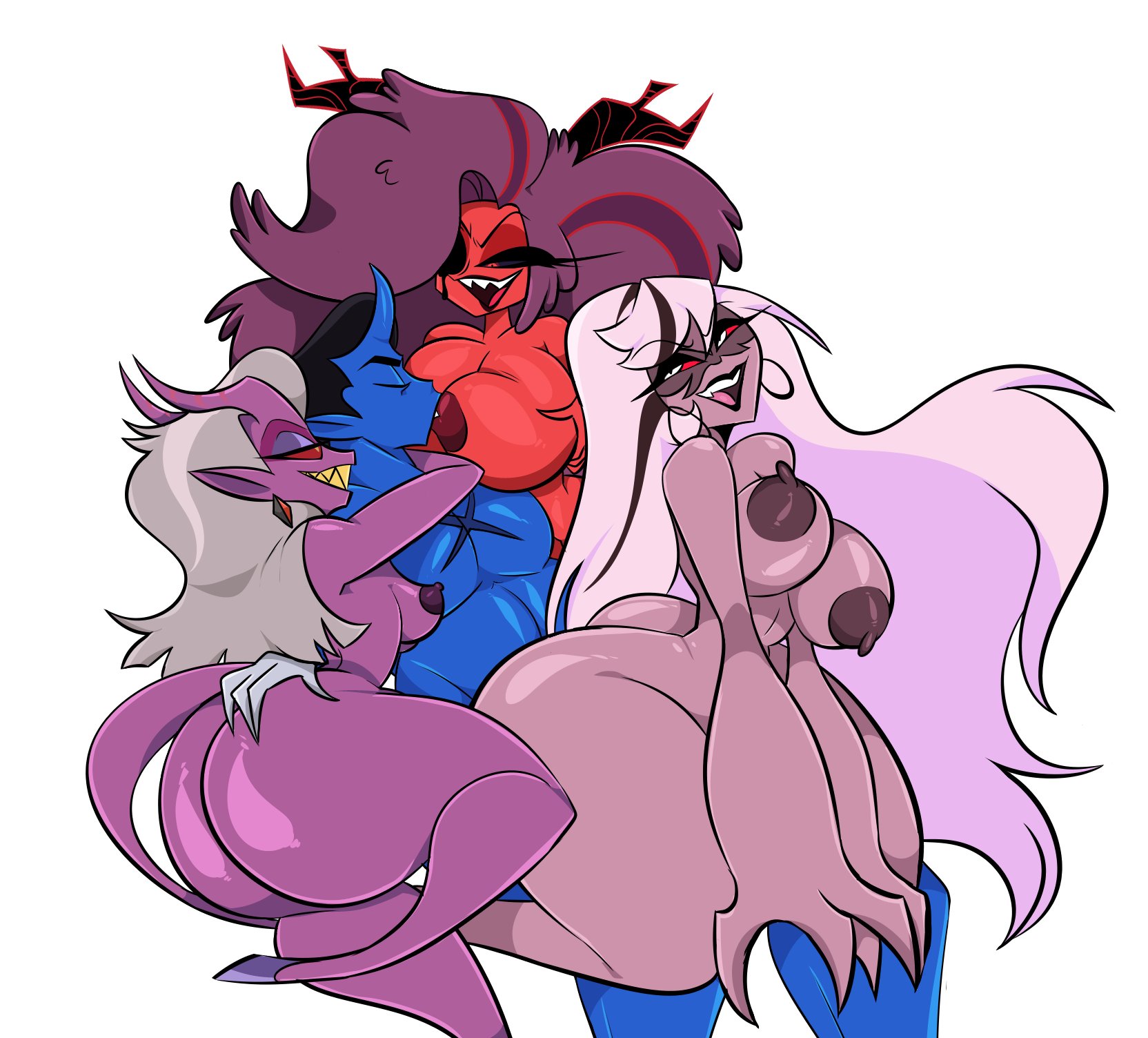 4demons, big ass, big breasts, blue body, bodily fluids, breasts, carmilla carmine, demon, demon boy, demon girl, demon girls, demon horns, demon humanoid, demon martha (helluva boss), demon tail, demoness, demons, fangs, female, grey hair, group, group sex, hair, hazbin hotel, helluva boss, hi res, horn, humanoid, male, male penetrating, male penetrating female, male/female, martha (helluva boss), mature female, mayberry (helluva boss), multiple females, multiple girls, muscular, muscular male, nipples, nude, open mouth, open smile, penetration, pink body, pleasure face, red body, red eyes, saliva, sex, simple background, smile, spicyimpxxx, straight, tail, teeth, thick thighs, tongue, white hair