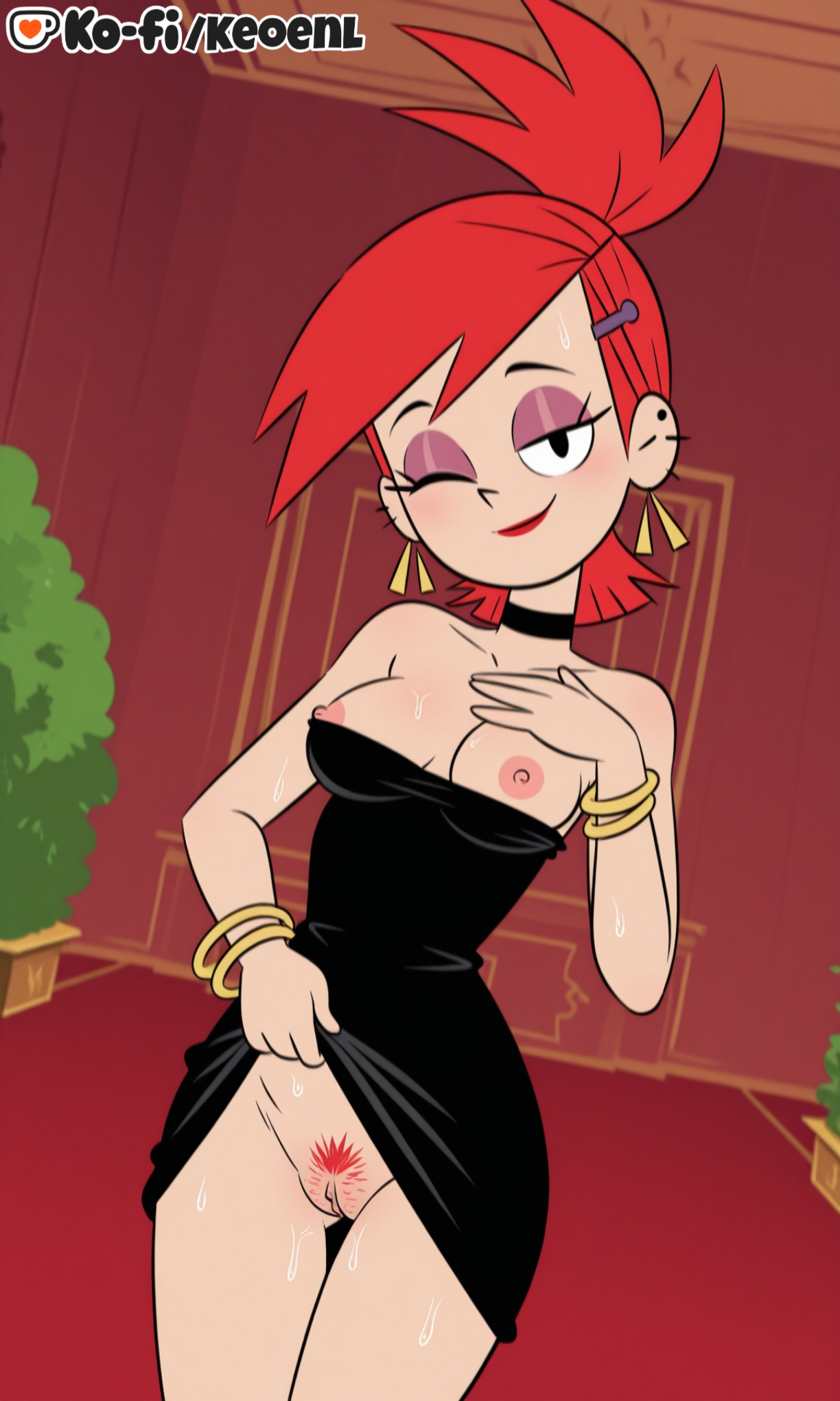 1girls, accurate art style, ai generated, all fours, alley, big breasts, black dress, black eyes, blush, bracelet, breasts, breasts out, cartoon network, choker, commission, dress, dress lift, exposed breasts, exposed pussy, eyeshadow, female, female only, female pubic hair, foster's home for imaginary friends, frankie foster, grabbing, hair ornament, hairy, hairy pussy, half-closed eyes, hand on breast, hard nipples, hi res, horny, jewelry, keoenl, lifted by self, lifting, lifting dress, lifting skirt, light skin, light-skinned female, lipstick, makeup, medium breasts, nipples, no panties, one eye closed, open mouth, ponytail, pubic hair, pussy, red hair, red lipstick, standing