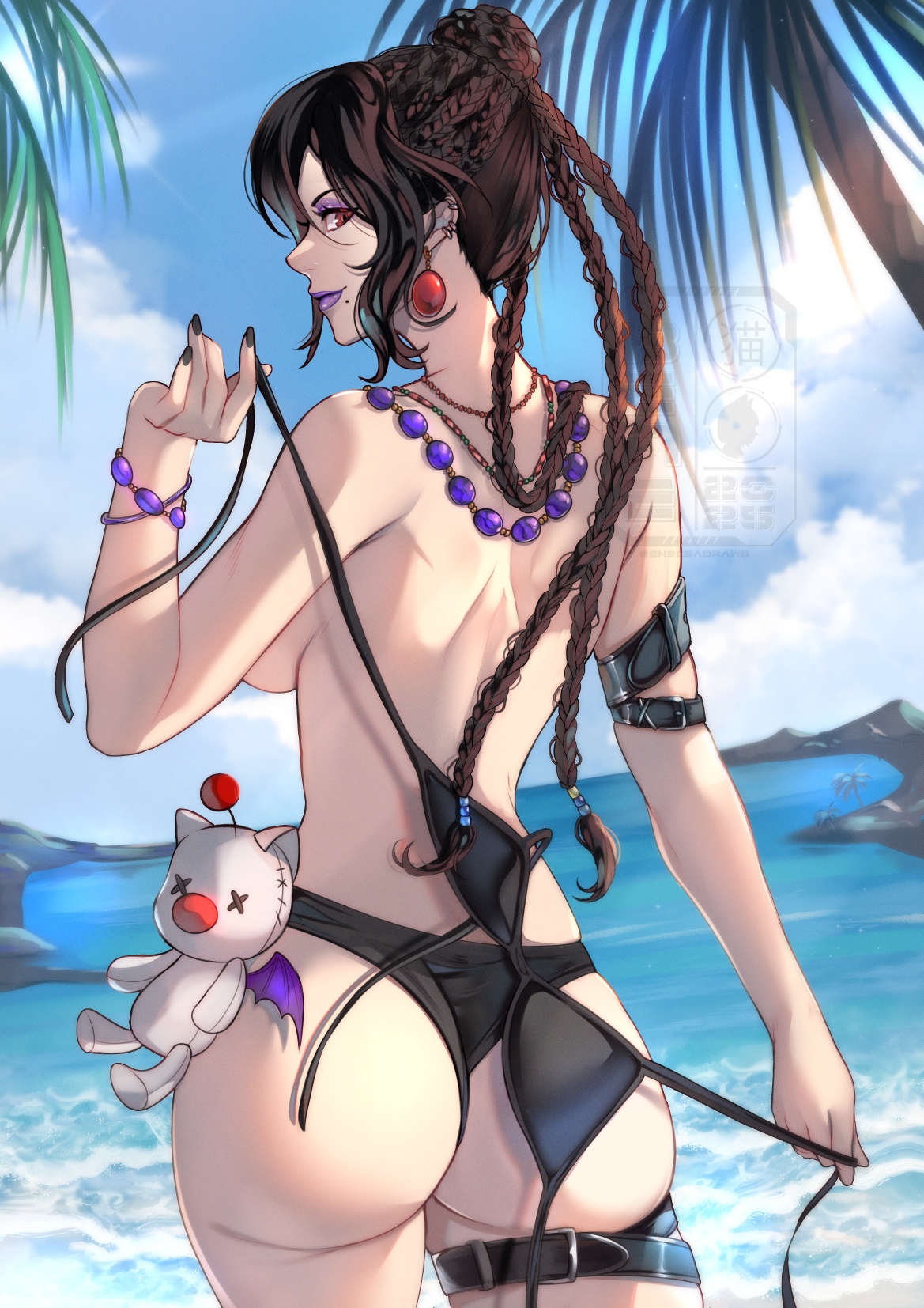 1girls, arm belt, ass, back, beach, belt, beneceadraws, bikini, black bikini, black hair, black nails, bracelet, braid, breasts, character doll, commentary, doll, earrings, english commentary, eyeshadow, female, final fantasy, final fantasy x, hair bun, highres, holding, holding swimsuit, holding unworn clothes, jewelry, lulu (final fantasy), makeup, mole, mole under mouth, moogle, multiple braids, multiple earrings, multiple necklaces, necklace, pale skin, palm tree, panties, purple eyeshadow, purple lips, seductive smile, sideboob, single hair bun, smile, solo, swimsuit, thigh belt, thigh strap, tree, underwear, unworn bikini top, unworn swimsuit